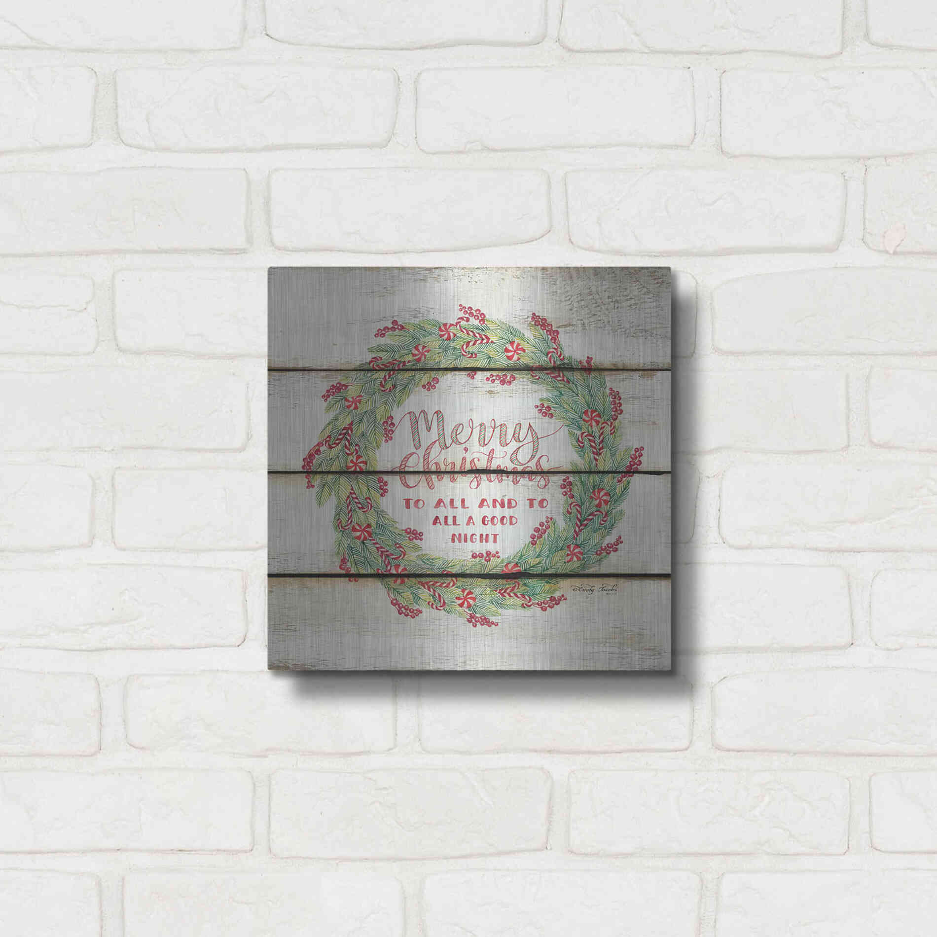 Luxe Metal Art 'Merry Christmas Candy Cane Wreath' by Cindy Jacobs, Metal Wall Art,12x12