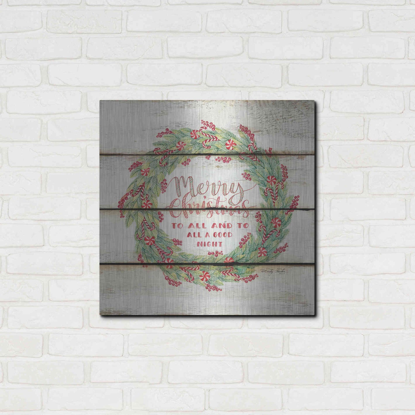 Luxe Metal Art 'Merry Christmas Candy Cane Wreath' by Cindy Jacobs, Metal Wall Art,24x24