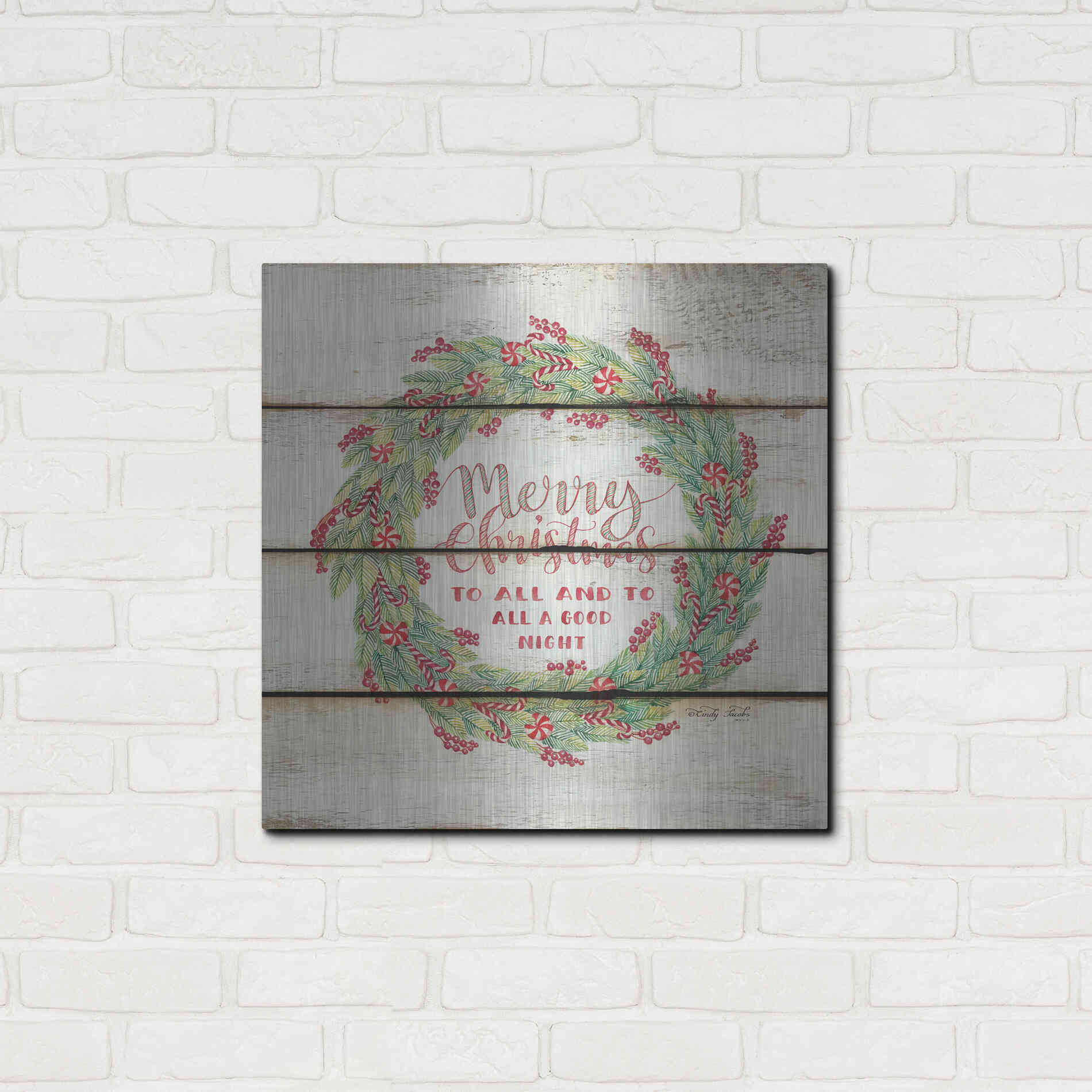Luxe Metal Art 'Merry Christmas Candy Cane Wreath' by Cindy Jacobs, Metal Wall Art,24x24
