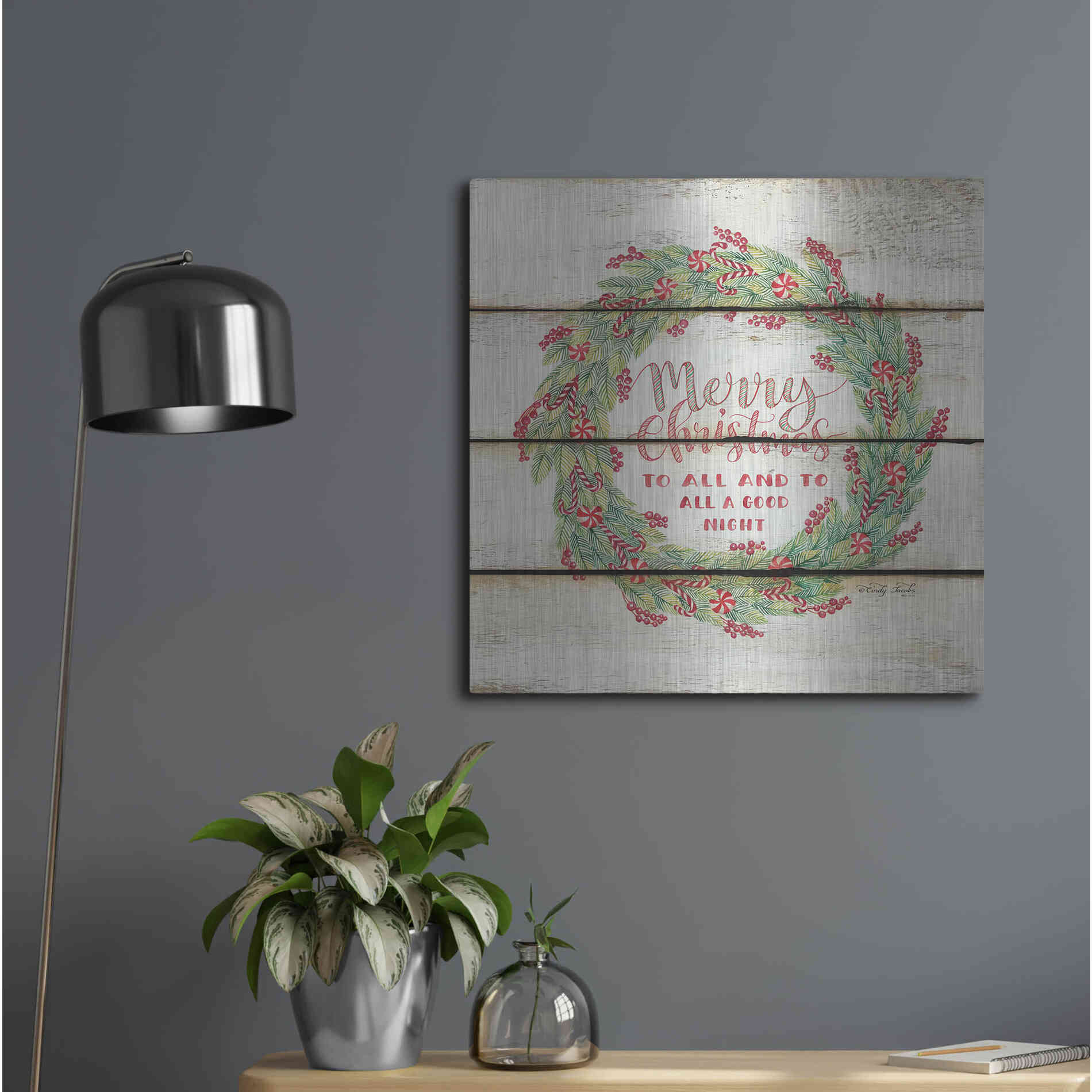 Luxe Metal Art 'Merry Christmas Candy Cane Wreath' by Cindy Jacobs, Metal Wall Art,24x24