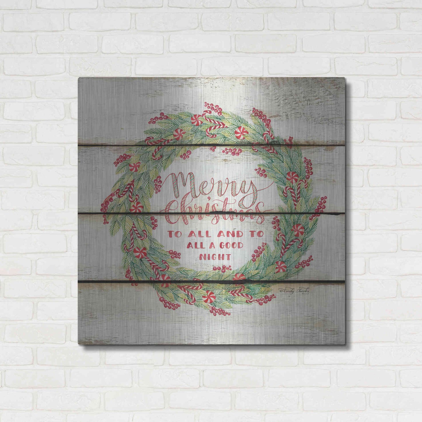 Luxe Metal Art 'Merry Christmas Candy Cane Wreath' by Cindy Jacobs, Metal Wall Art,36x36