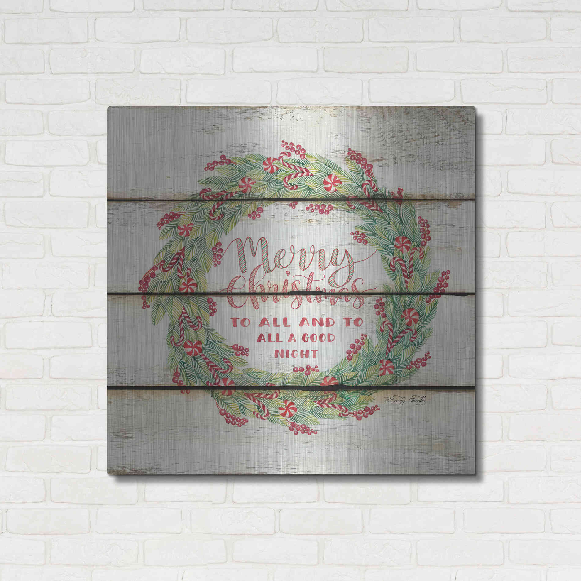 Luxe Metal Art 'Merry Christmas Candy Cane Wreath' by Cindy Jacobs, Metal Wall Art,36x36