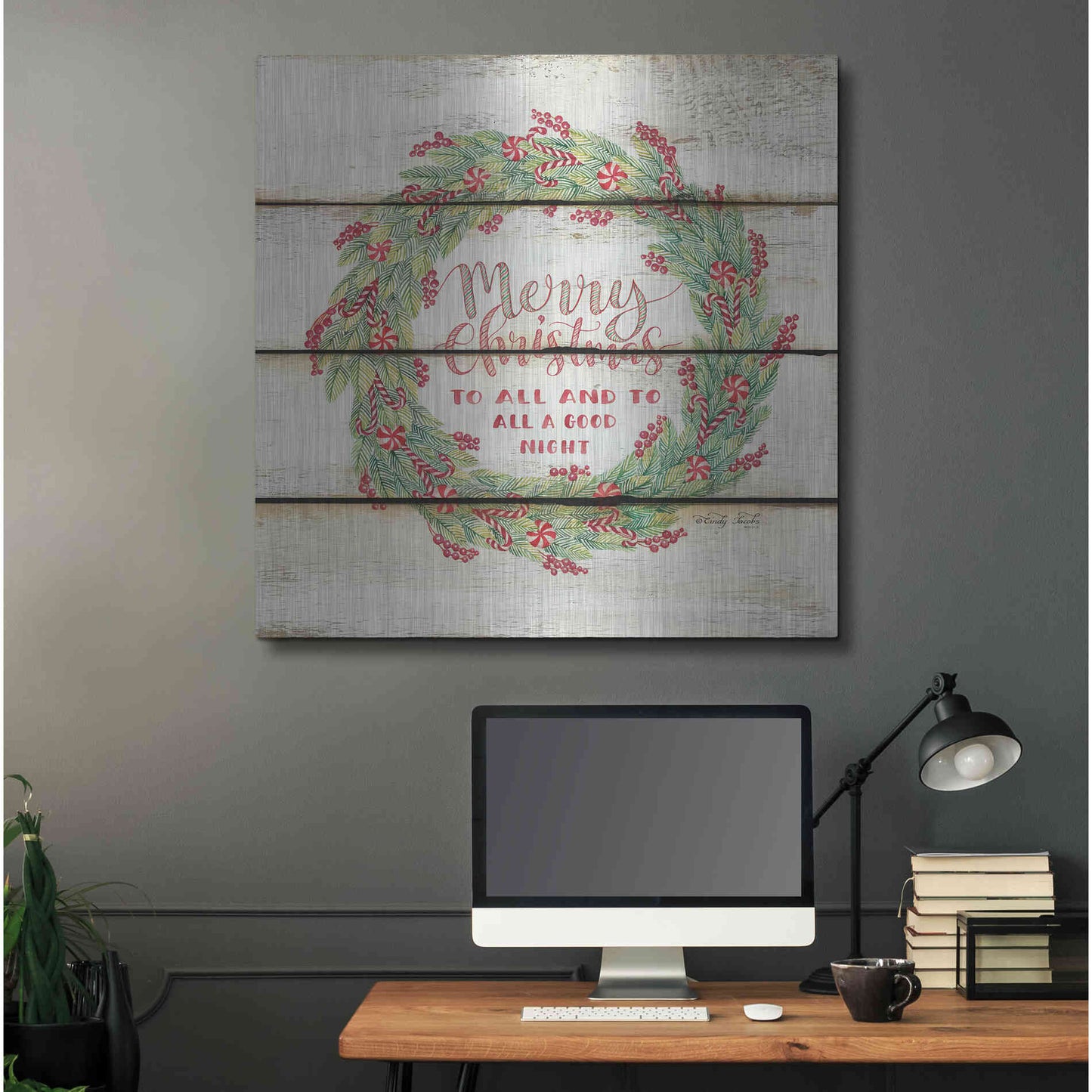 Luxe Metal Art 'Merry Christmas Candy Cane Wreath' by Cindy Jacobs, Metal Wall Art,36x36