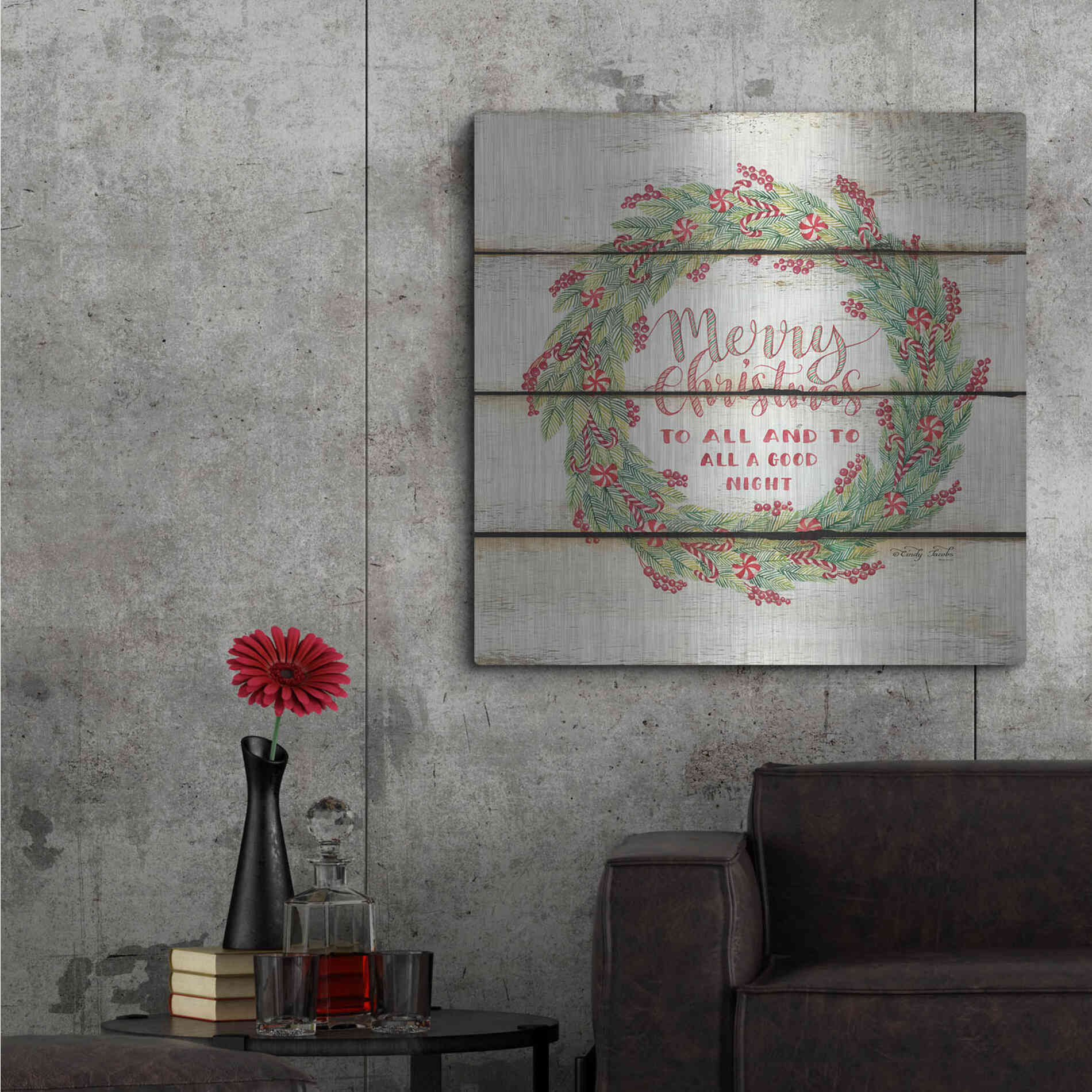 Luxe Metal Art 'Merry Christmas Candy Cane Wreath' by Cindy Jacobs, Metal Wall Art,36x36