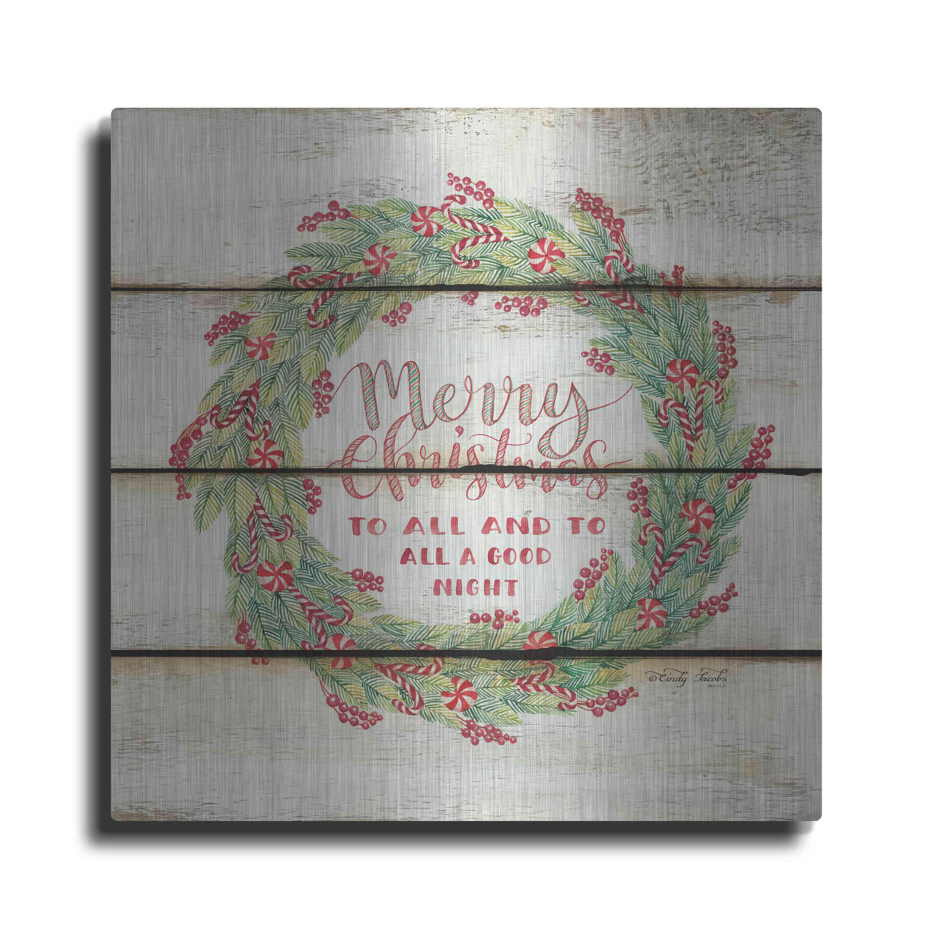 Luxe Metal Art 'Merry Christmas Candy Cane Wreath' by Cindy Jacobs, Metal Wall Art