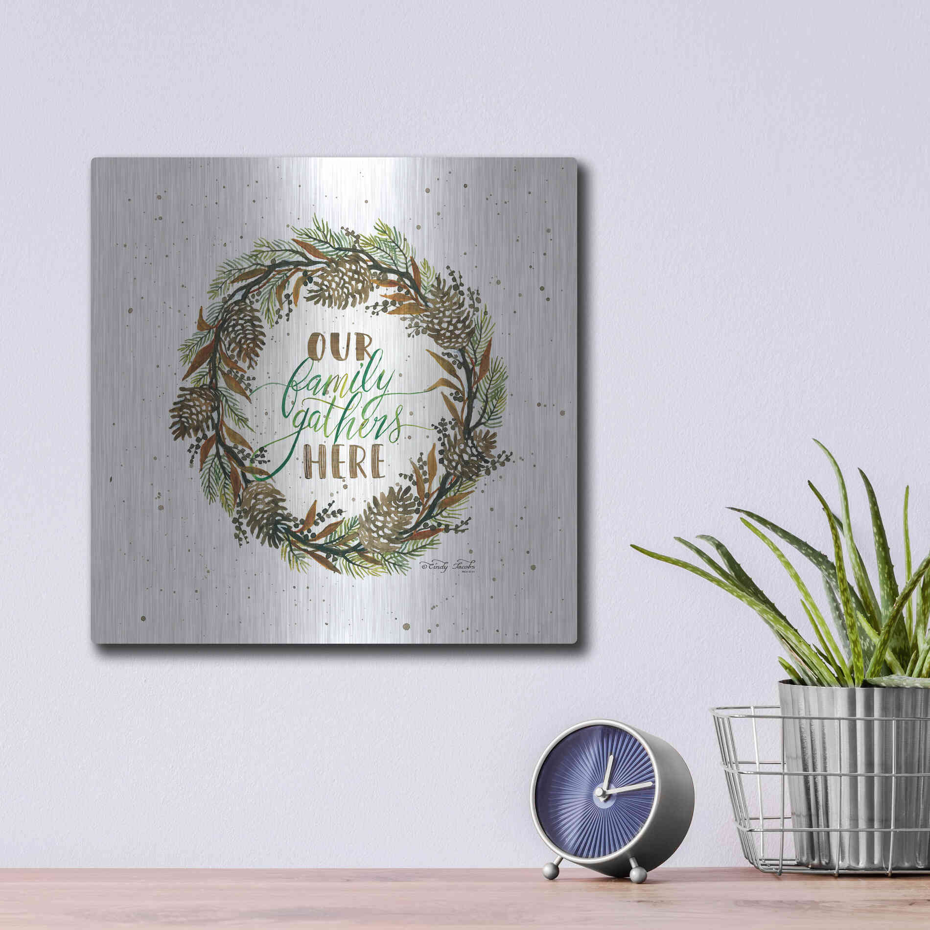 Luxe Metal Art 'Our Family Gathers Here Wreath' by Cindy Jacobs, Metal Wall Art,12x12