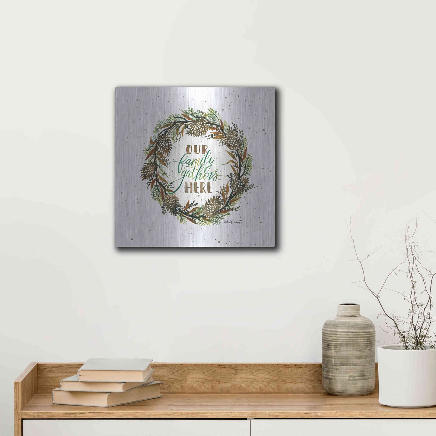 Luxe Metal Art 'Our Family Gathers Here Wreath' by Cindy Jacobs, Metal Wall Art,12x12