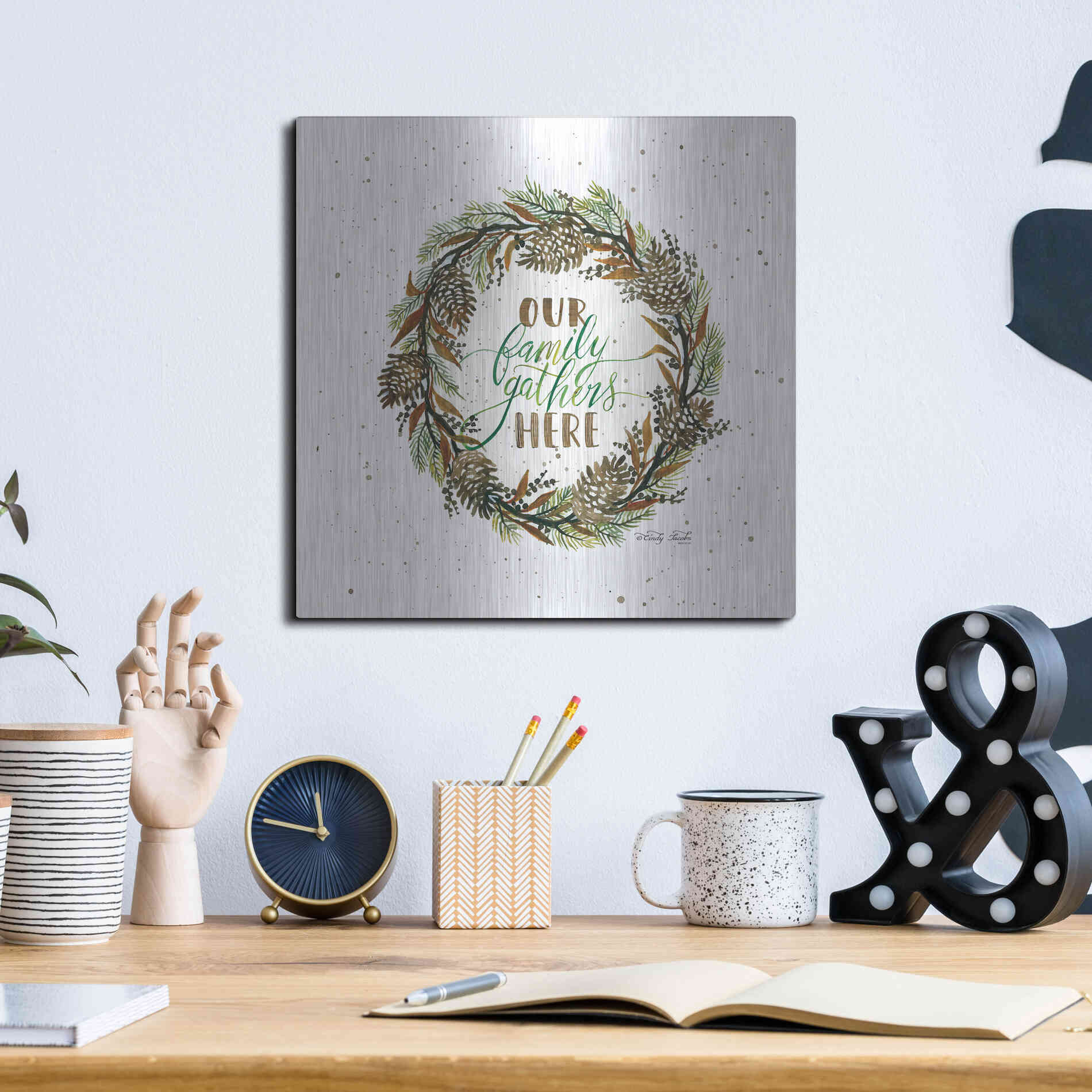 Luxe Metal Art 'Our Family Gathers Here Wreath' by Cindy Jacobs, Metal Wall Art,12x12
