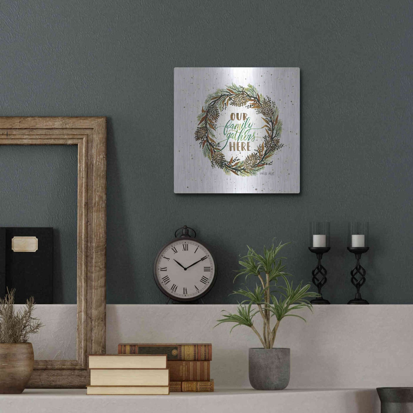 Luxe Metal Art 'Our Family Gathers Here Wreath' by Cindy Jacobs, Metal Wall Art,12x12