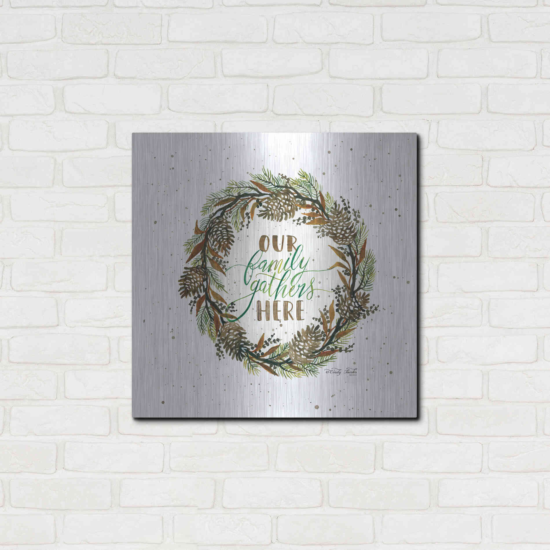 Luxe Metal Art 'Our Family Gathers Here Wreath' by Cindy Jacobs, Metal Wall Art,24x24