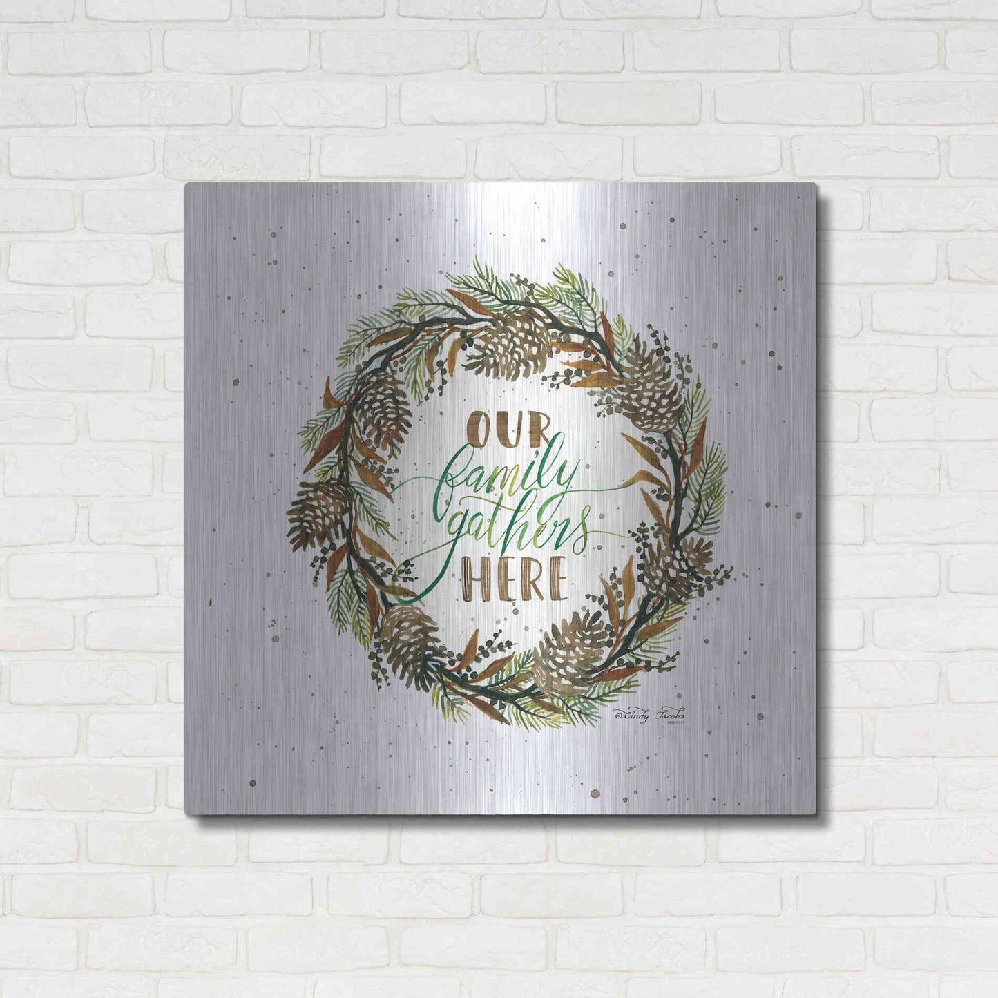 Luxe Metal Art 'Our Family Gathers Here Wreath' by Cindy Jacobs, Metal Wall Art,36x36