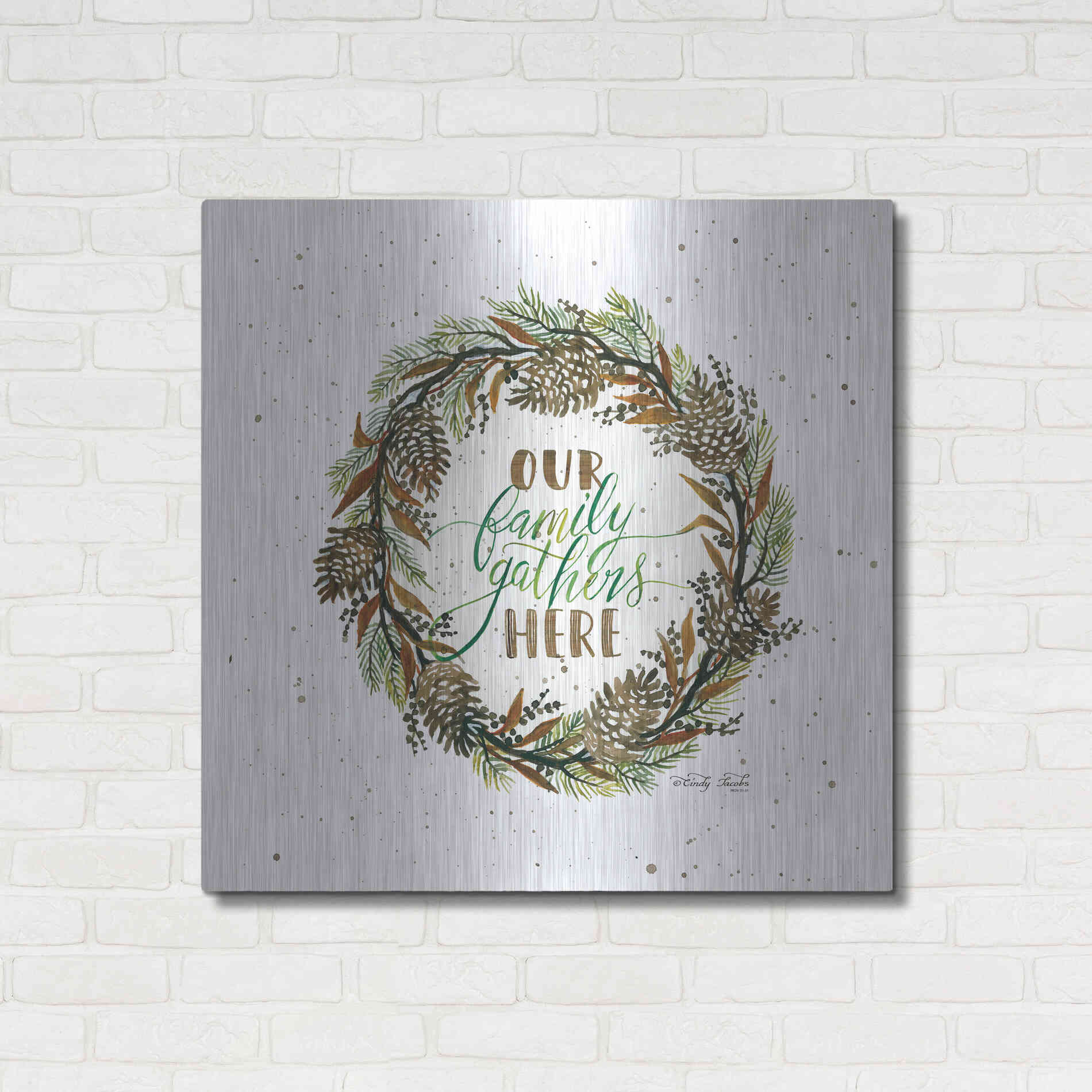 Luxe Metal Art 'Our Family Gathers Here Wreath' by Cindy Jacobs, Metal Wall Art,36x36