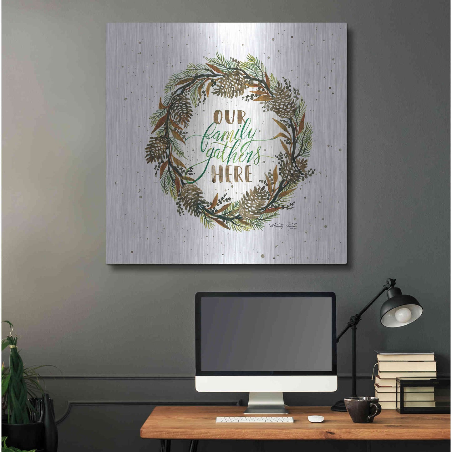Luxe Metal Art 'Our Family Gathers Here Wreath' by Cindy Jacobs, Metal Wall Art,36x36