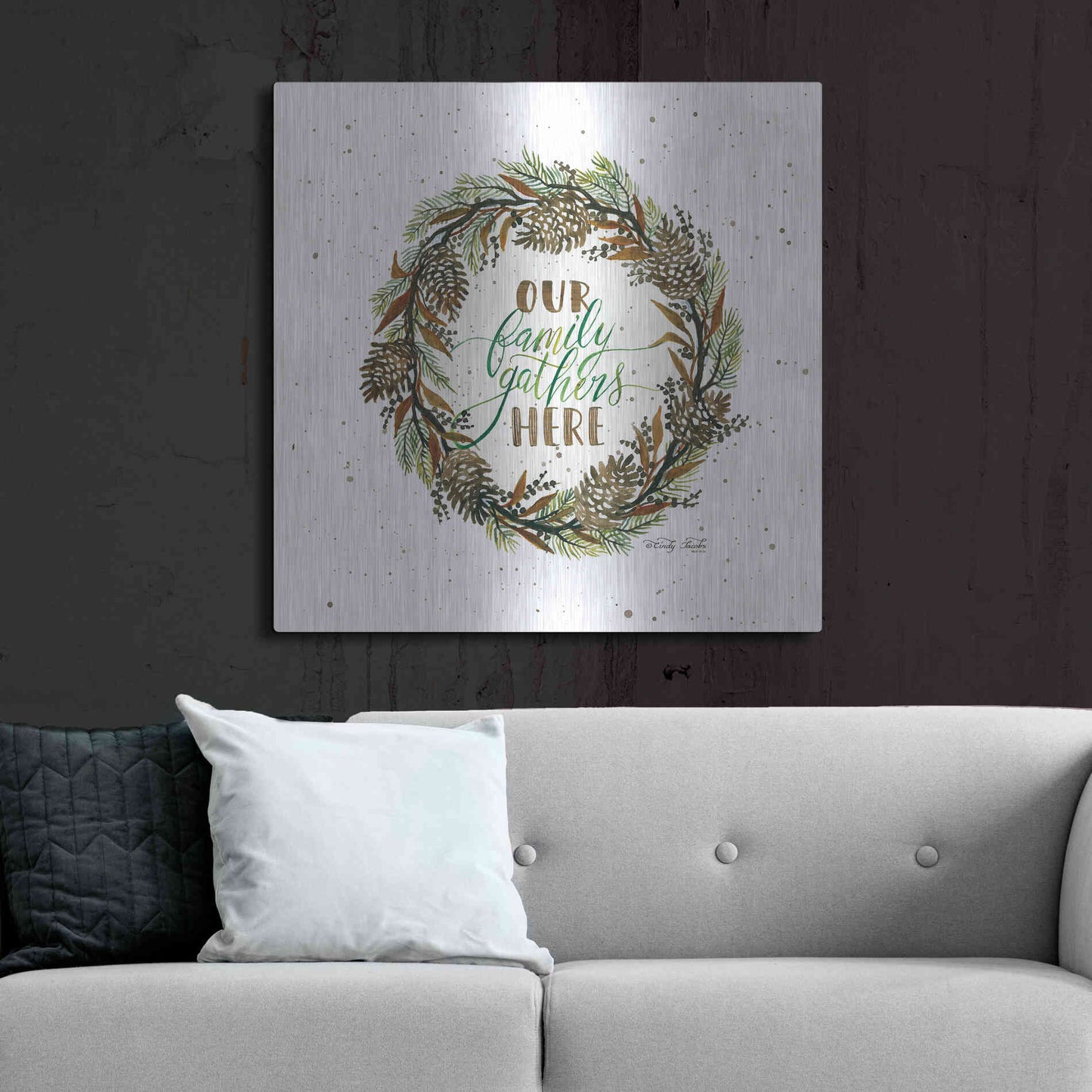 Luxe Metal Art 'Our Family Gathers Here Wreath' by Cindy Jacobs, Metal Wall Art,36x36