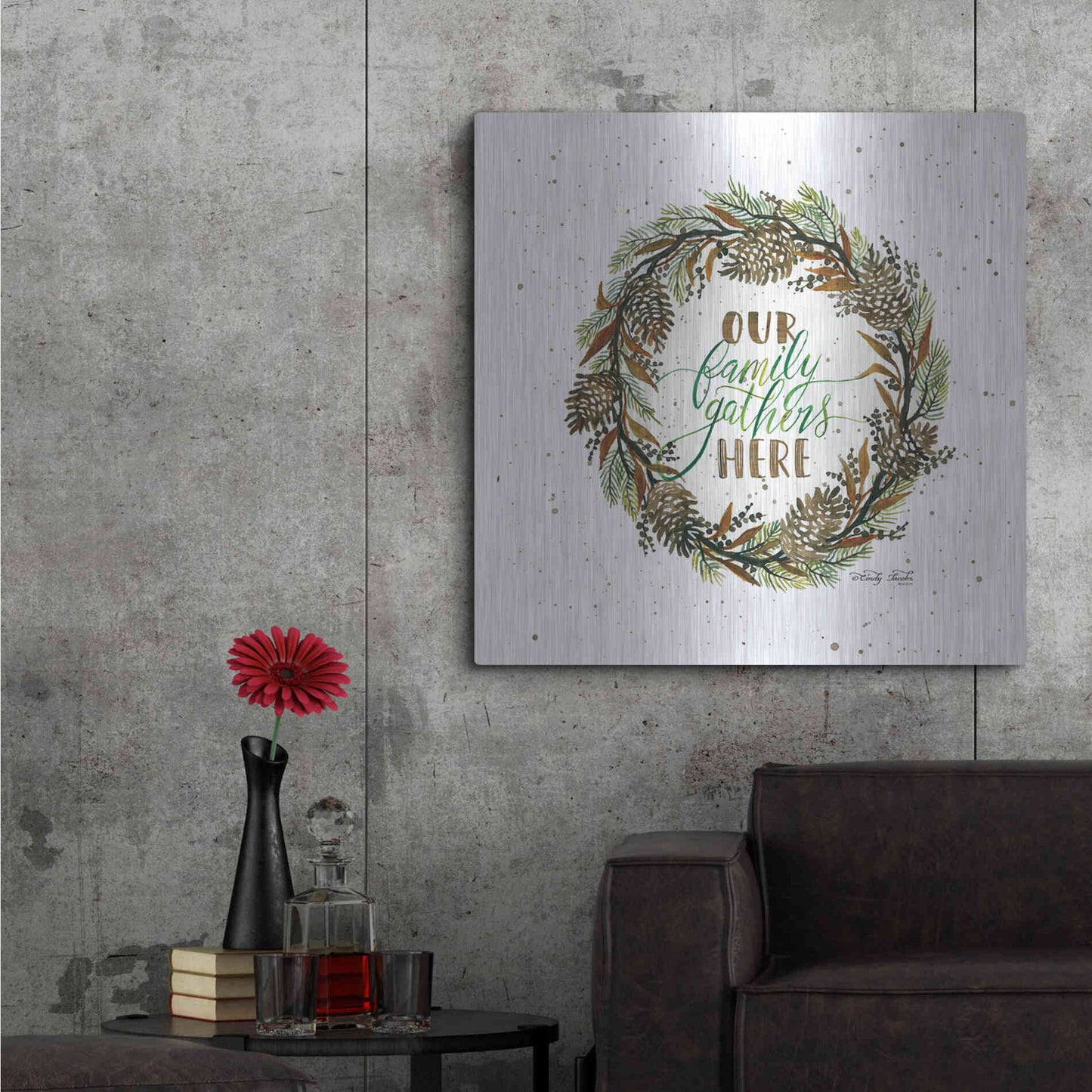 Luxe Metal Art 'Our Family Gathers Here Wreath' by Cindy Jacobs, Metal Wall Art,36x36