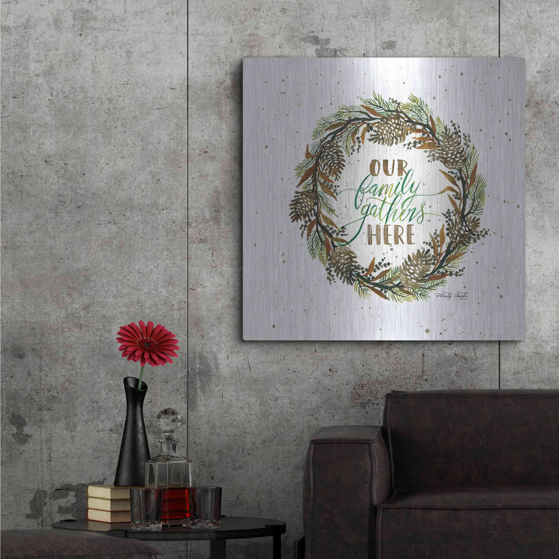 Luxe Metal Art 'Our Family Gathers Here Wreath' by Cindy Jacobs, Metal Wall Art,36x36