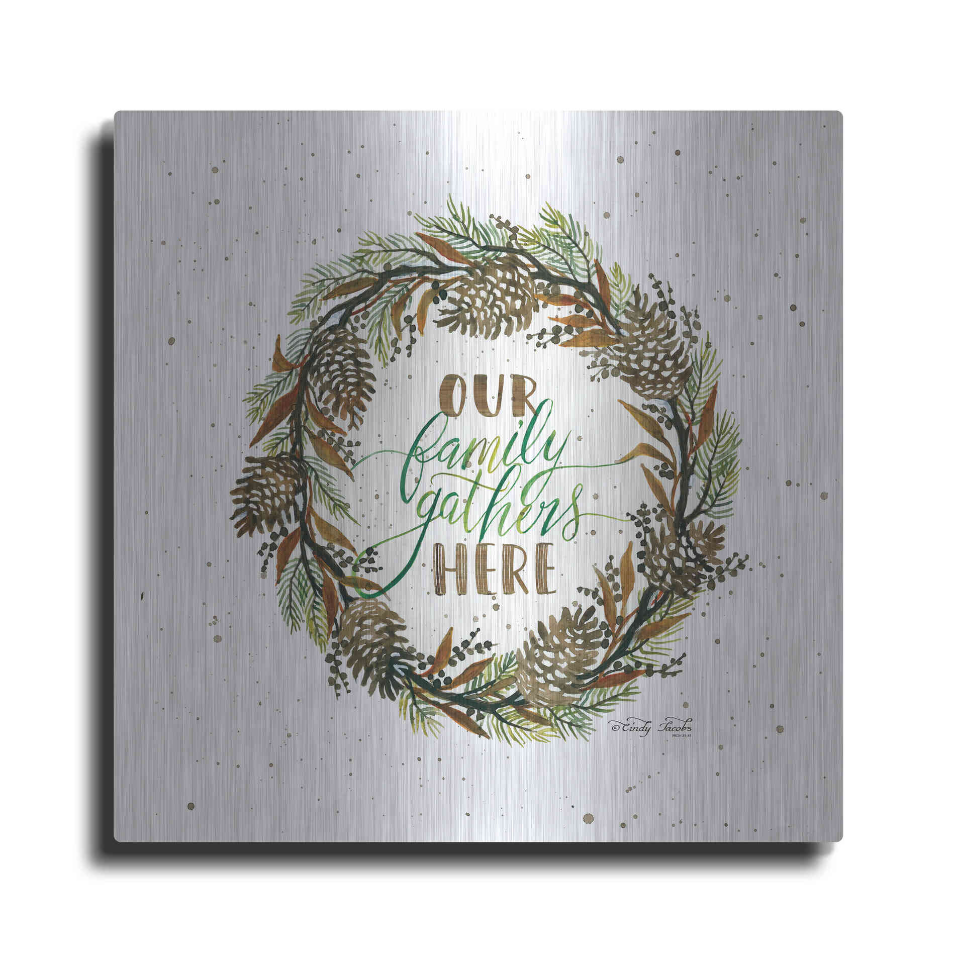 Luxe Metal Art 'Our Family Gathers Here Wreath' by Cindy Jacobs, Metal Wall Art