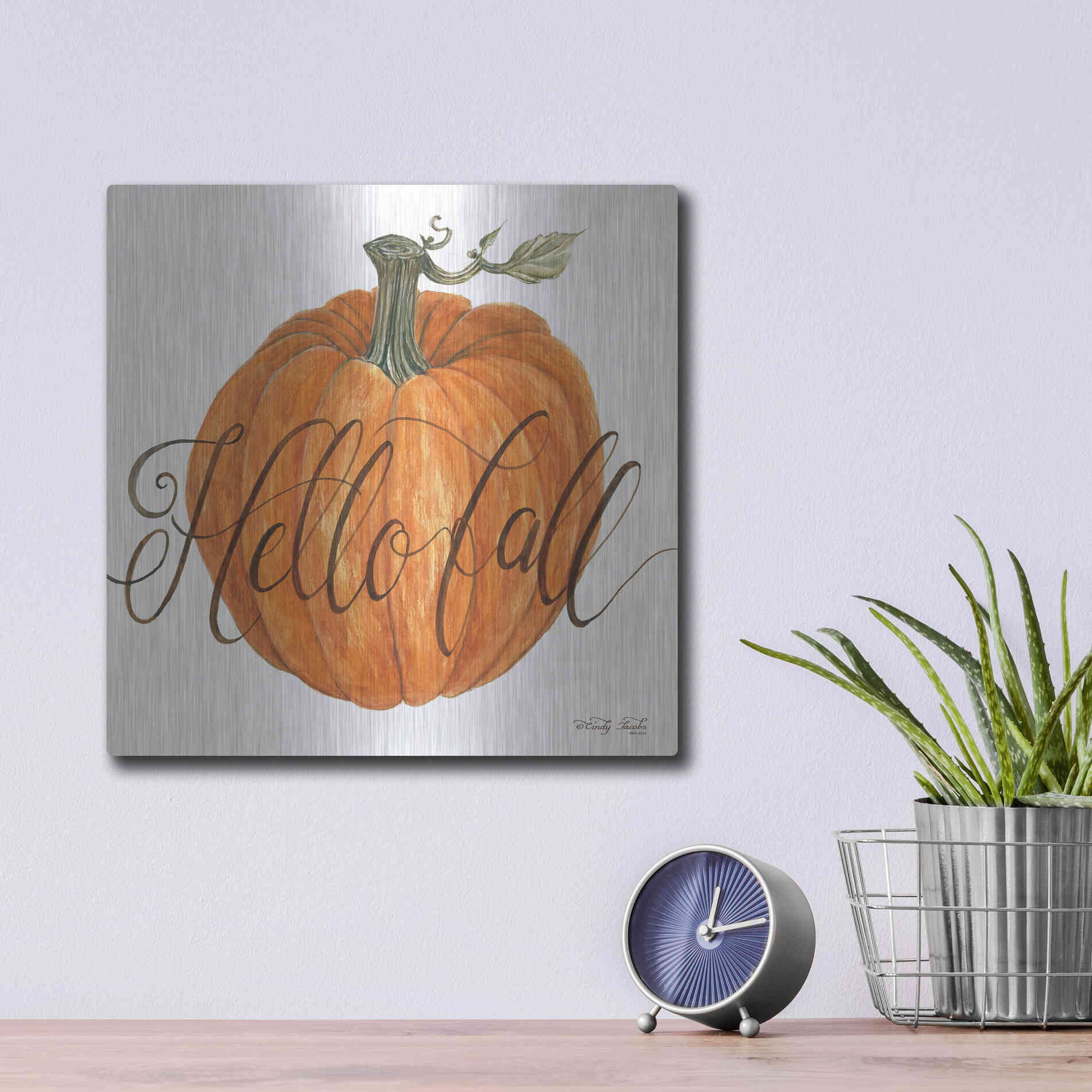 Luxe Metal Art 'Hello Fall Pumpkin' by Cindy Jacobs, Metal Wall Art,12x12