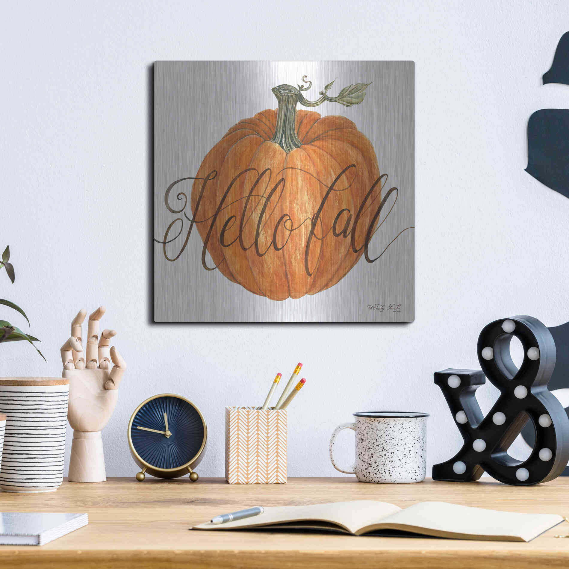 Luxe Metal Art 'Hello Fall Pumpkin' by Cindy Jacobs, Metal Wall Art,12x12