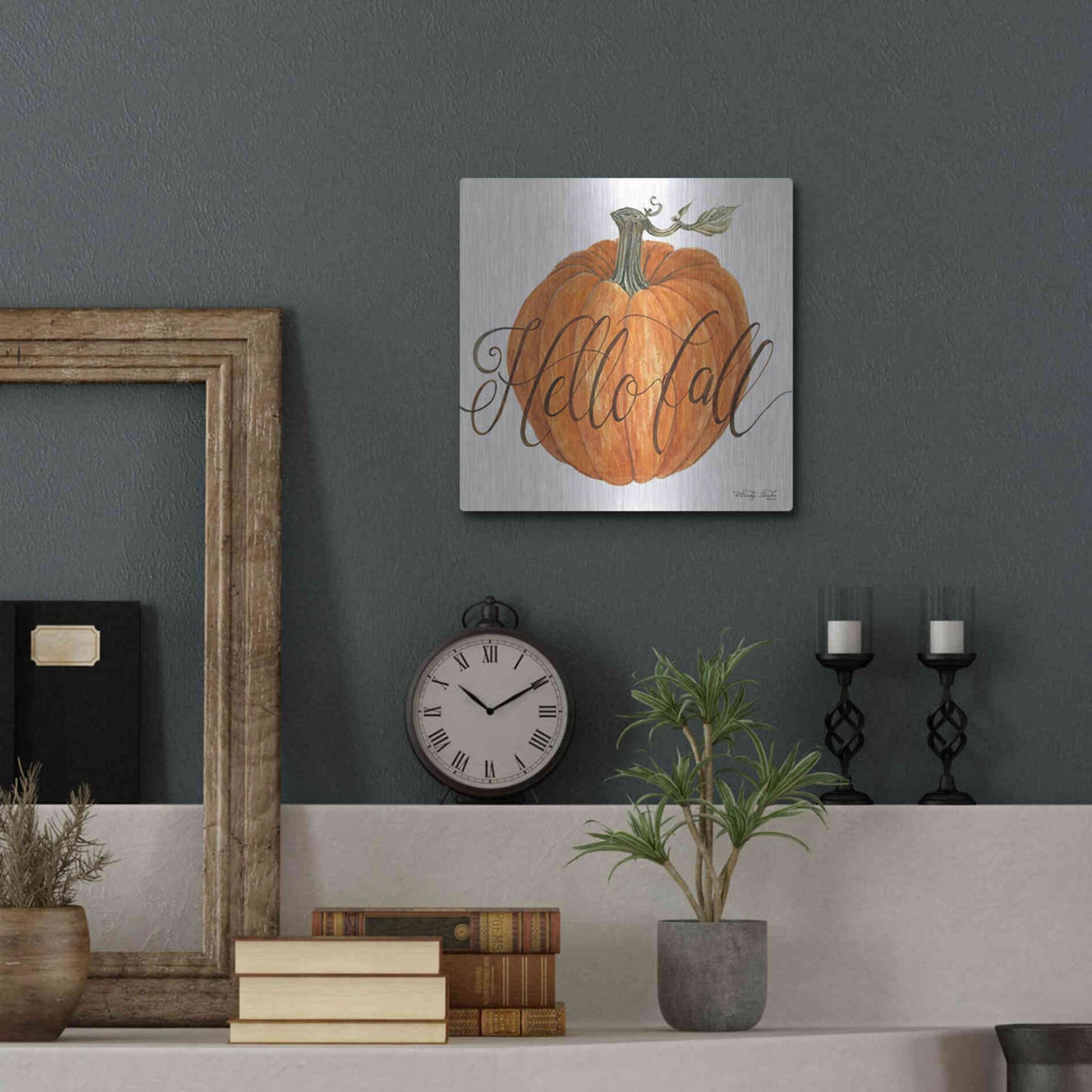 Luxe Metal Art 'Hello Fall Pumpkin' by Cindy Jacobs, Metal Wall Art,12x12