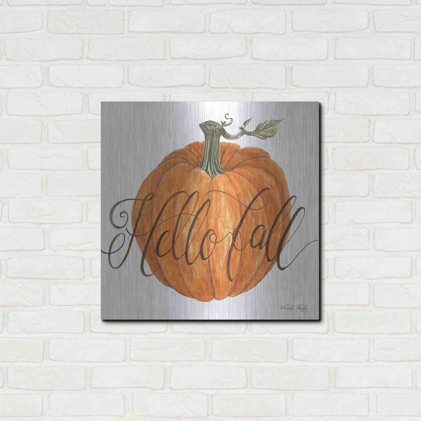 Luxe Metal Art 'Hello Fall Pumpkin' by Cindy Jacobs, Metal Wall Art,24x24