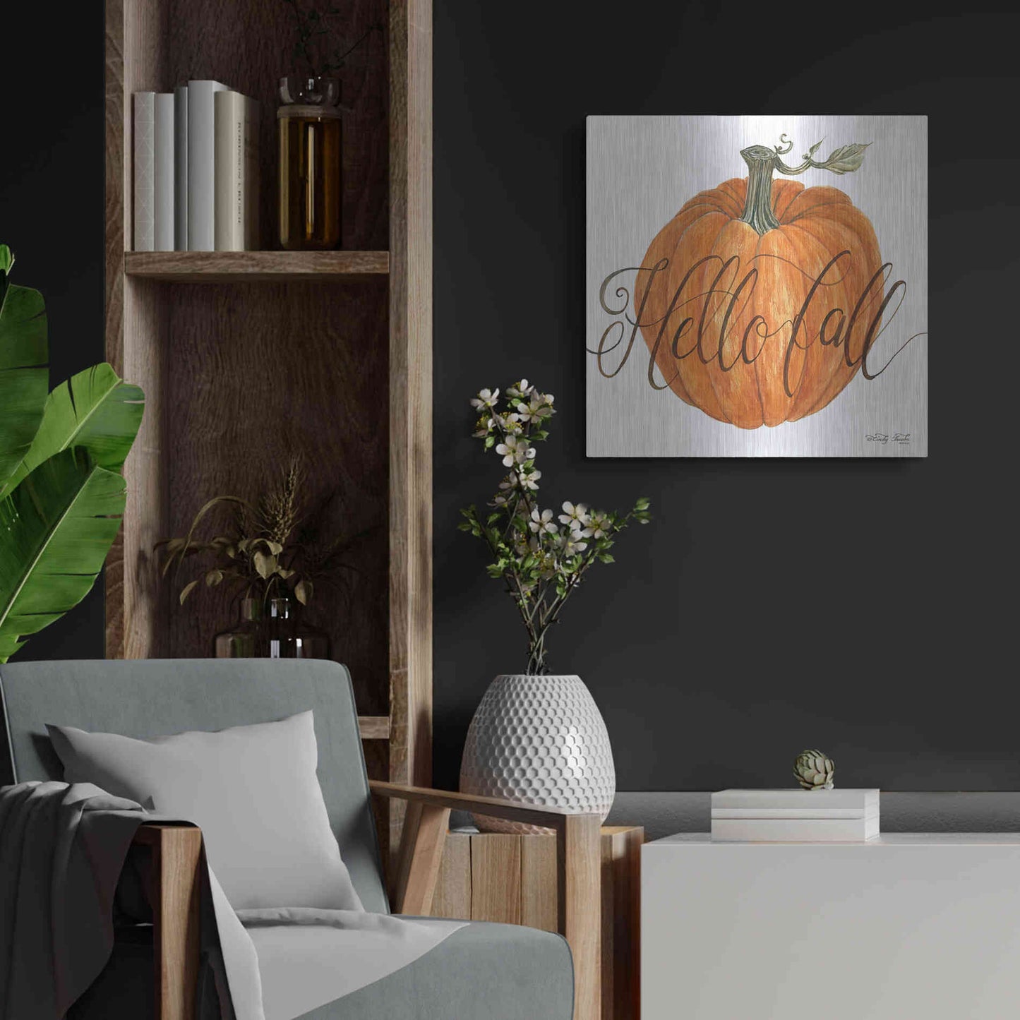 Luxe Metal Art 'Hello Fall Pumpkin' by Cindy Jacobs, Metal Wall Art,24x24