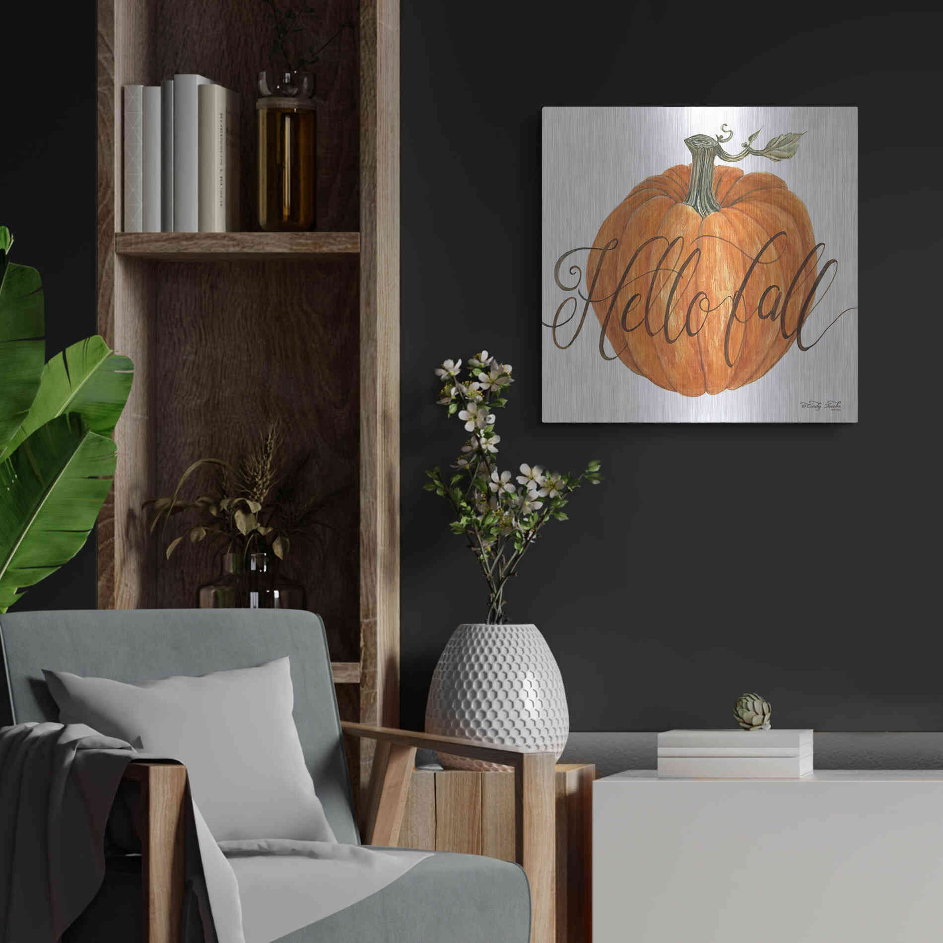 Luxe Metal Art 'Hello Fall Pumpkin' by Cindy Jacobs, Metal Wall Art,24x24