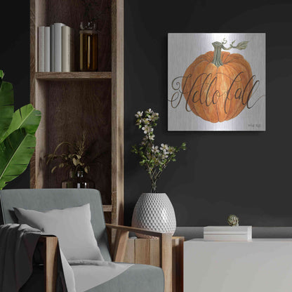 Luxe Metal Art 'Hello Fall Pumpkin' by Cindy Jacobs, Metal Wall Art,24x24