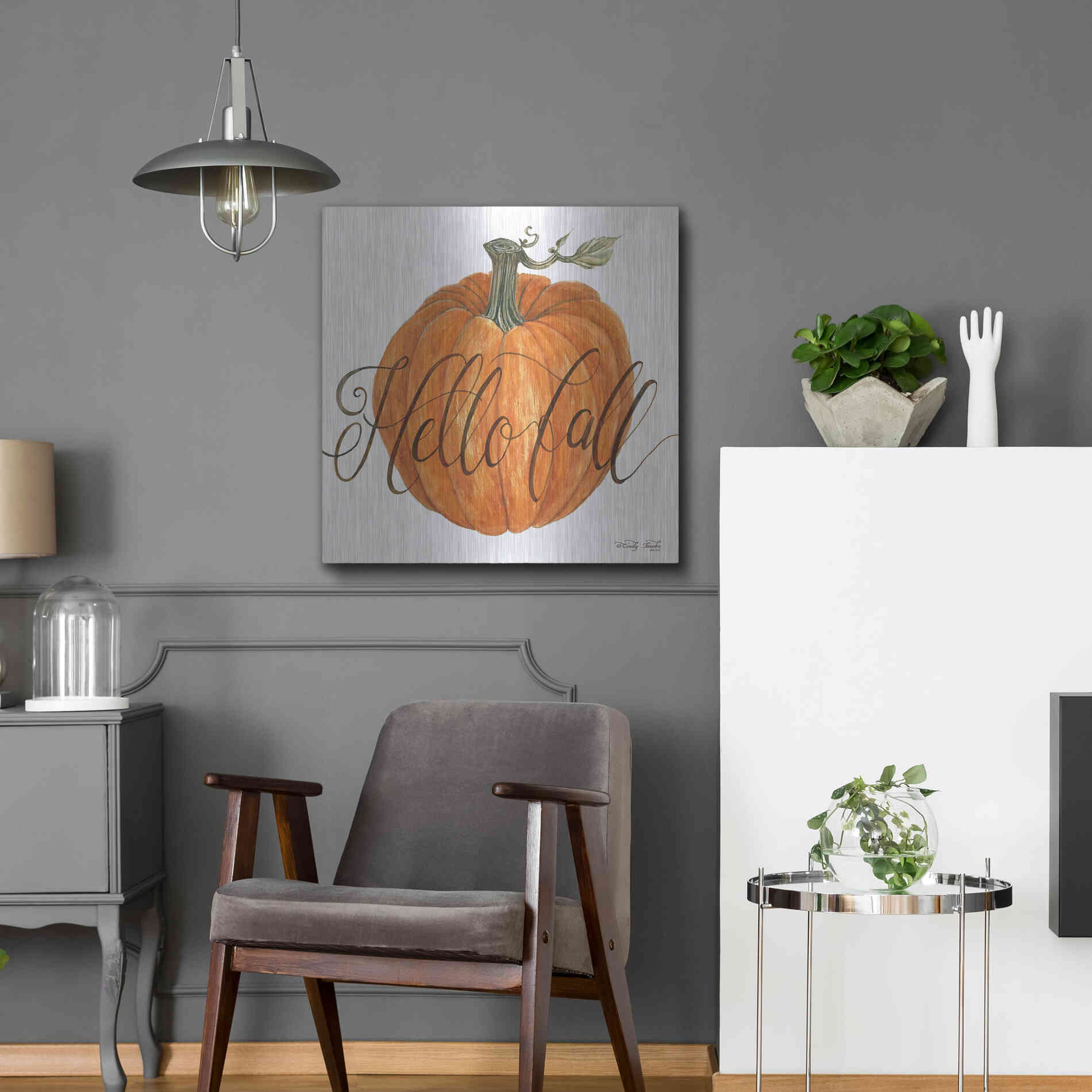 Luxe Metal Art 'Hello Fall Pumpkin' by Cindy Jacobs, Metal Wall Art,24x24