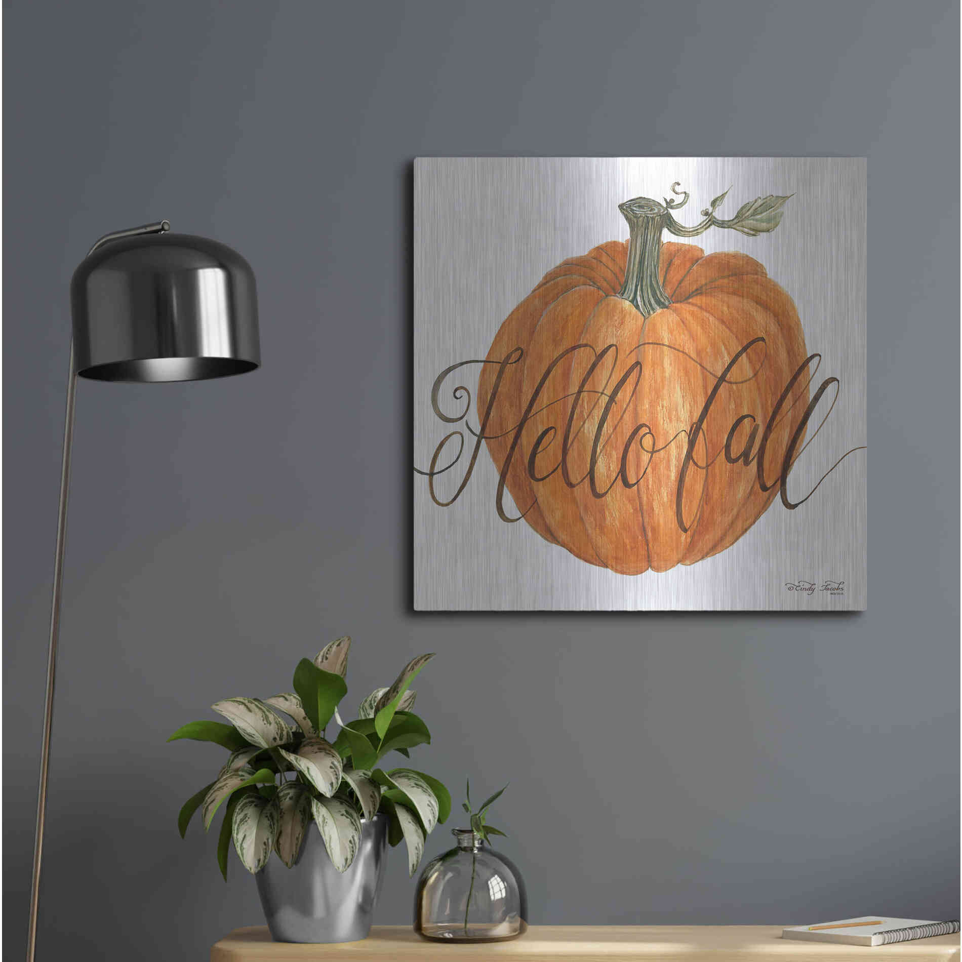 Luxe Metal Art 'Hello Fall Pumpkin' by Cindy Jacobs, Metal Wall Art,24x24