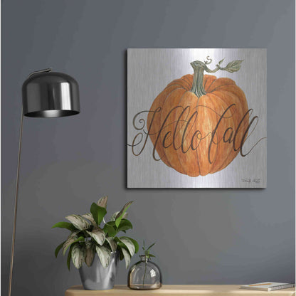 Luxe Metal Art 'Hello Fall Pumpkin' by Cindy Jacobs, Metal Wall Art,24x24