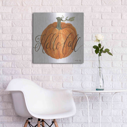Luxe Metal Art 'Hello Fall Pumpkin' by Cindy Jacobs, Metal Wall Art,24x24