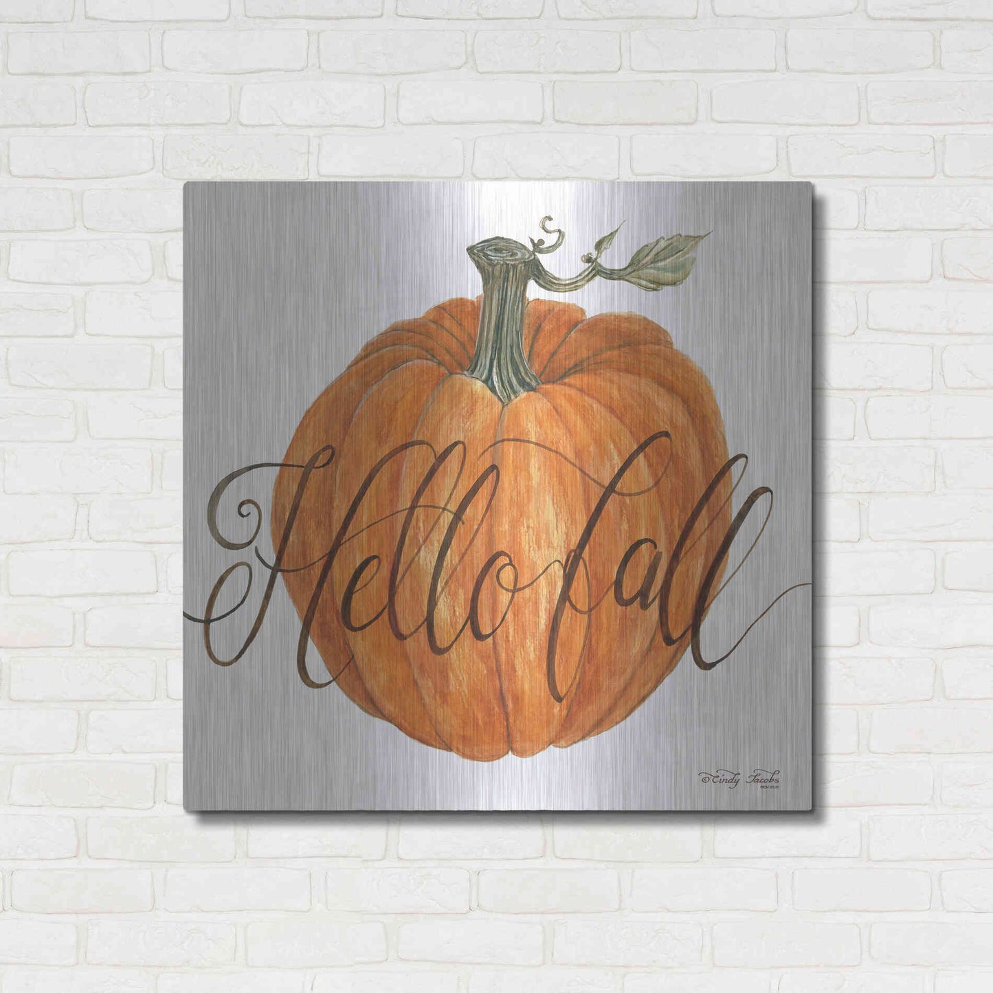Luxe Metal Art 'Hello Fall Pumpkin' by Cindy Jacobs, Metal Wall Art,36x36