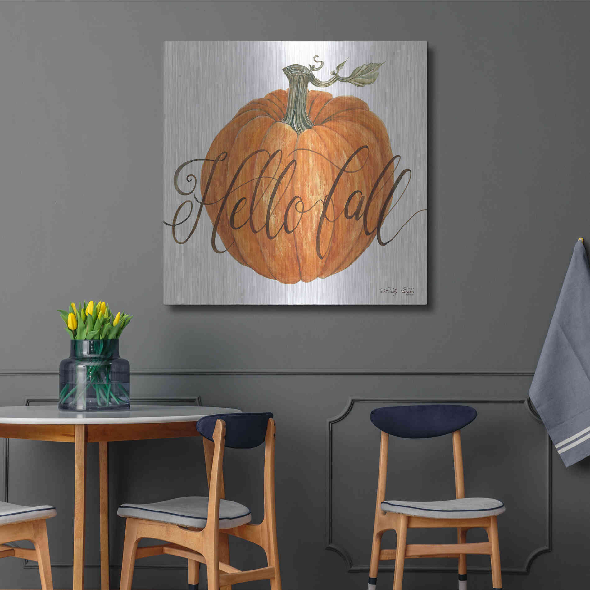 Luxe Metal Art 'Hello Fall Pumpkin' by Cindy Jacobs, Metal Wall Art,36x36