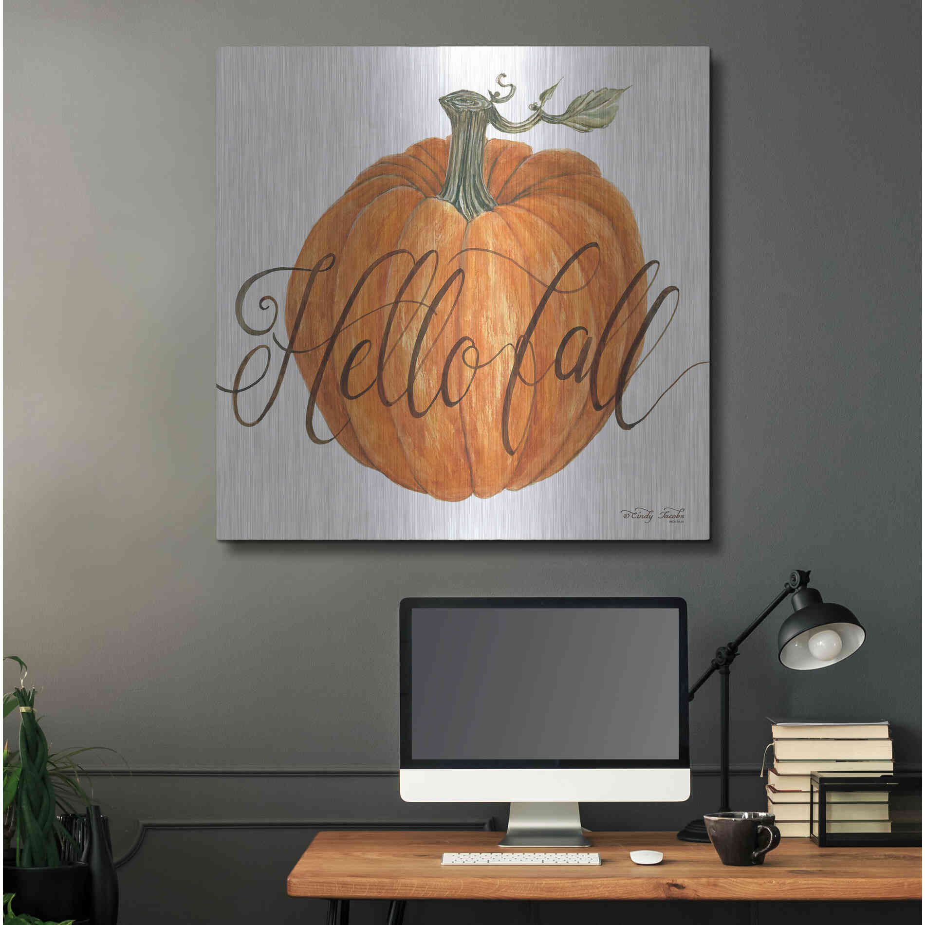 Luxe Metal Art 'Hello Fall Pumpkin' by Cindy Jacobs, Metal Wall Art,36x36