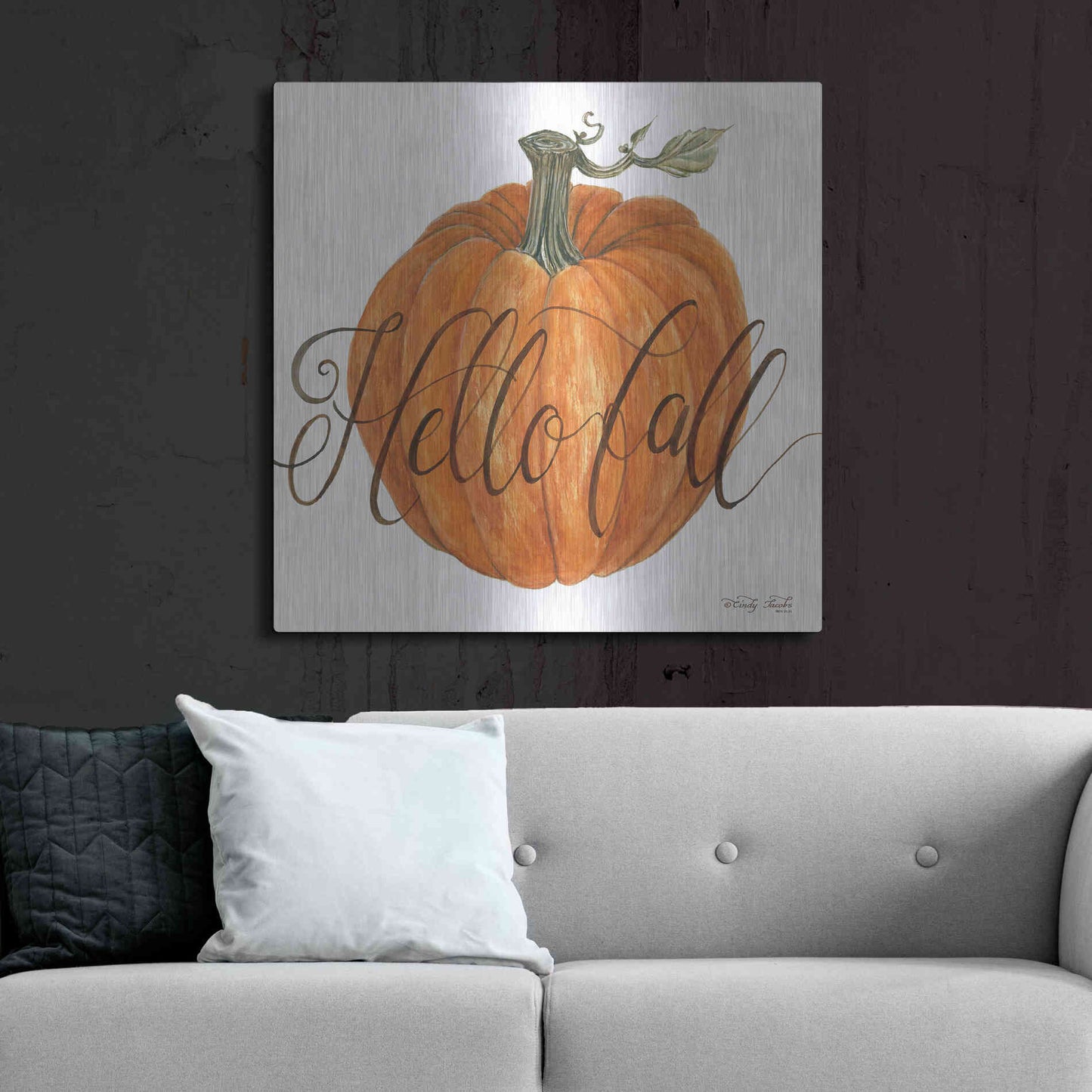 Luxe Metal Art 'Hello Fall Pumpkin' by Cindy Jacobs, Metal Wall Art,36x36