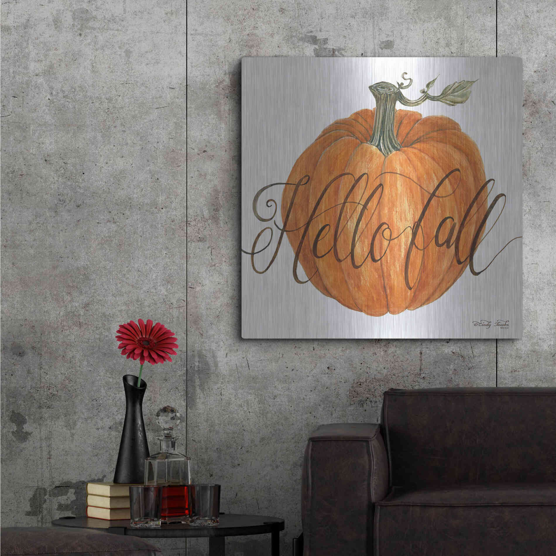 Luxe Metal Art 'Hello Fall Pumpkin' by Cindy Jacobs, Metal Wall Art,36x36