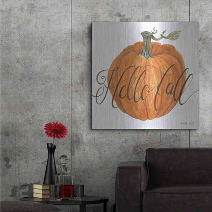 Luxe Metal Art 'Hello Fall Pumpkin' by Cindy Jacobs, Metal Wall Art,36x36