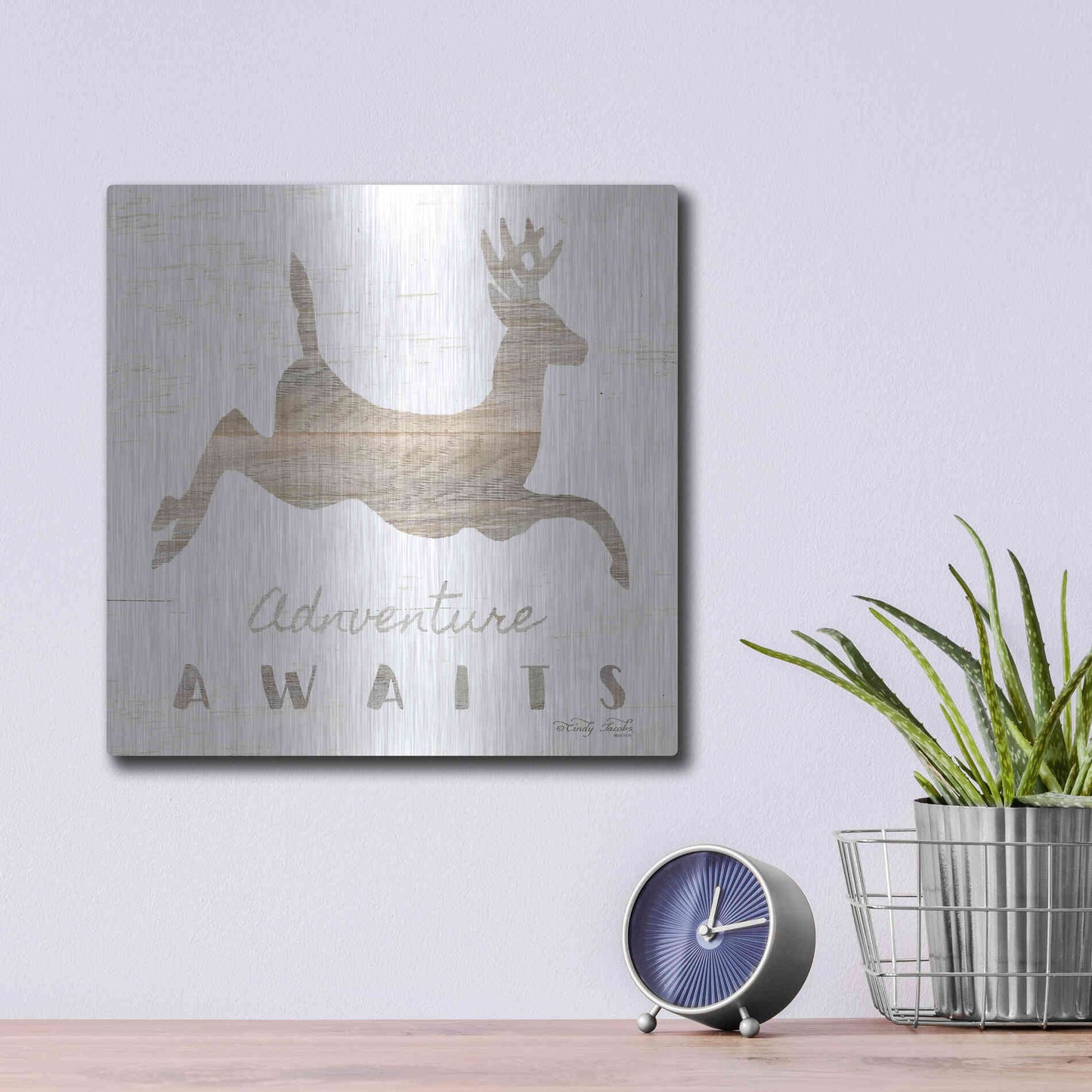 Luxe Metal Art 'Adventure Awaits Deer' by Cindy Jacobs, Metal Wall Art,12x12