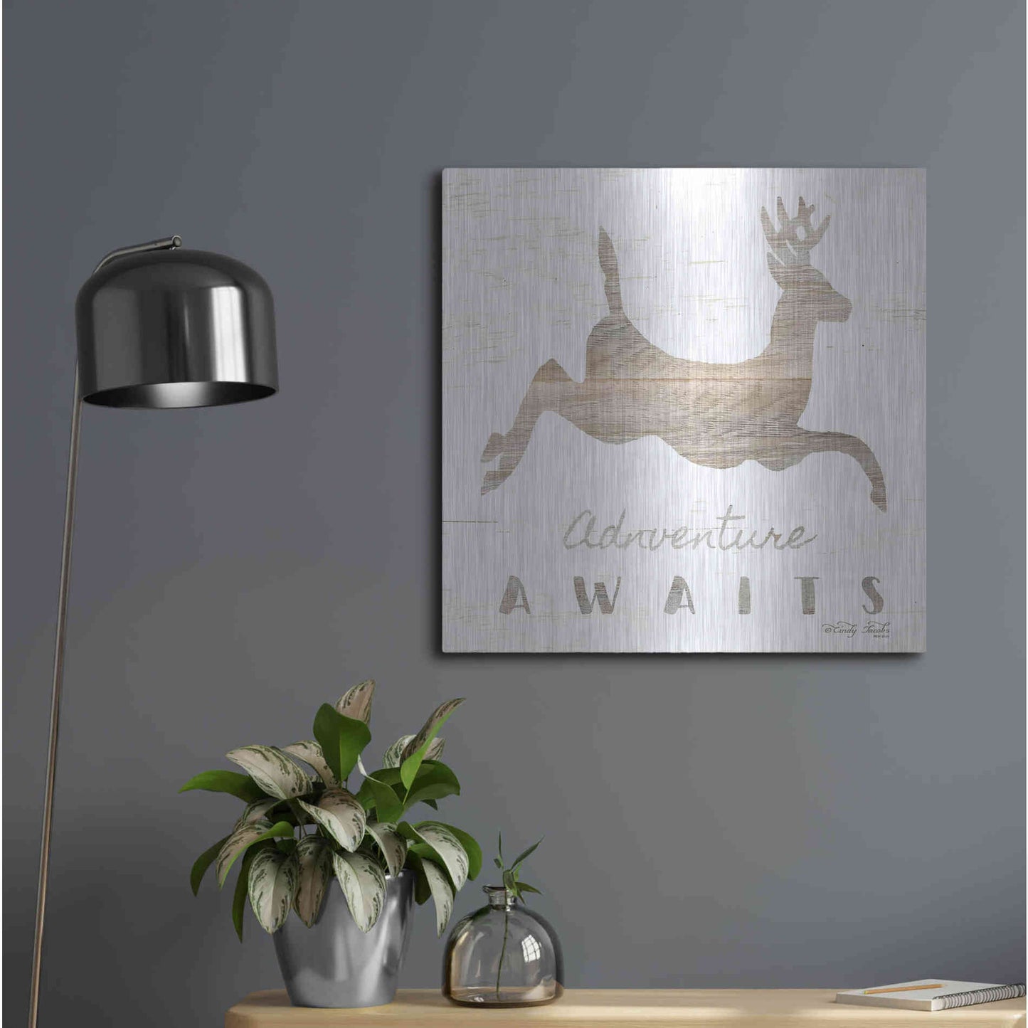 Luxe Metal Art 'Adventure Awaits Deer' by Cindy Jacobs, Metal Wall Art,24x24