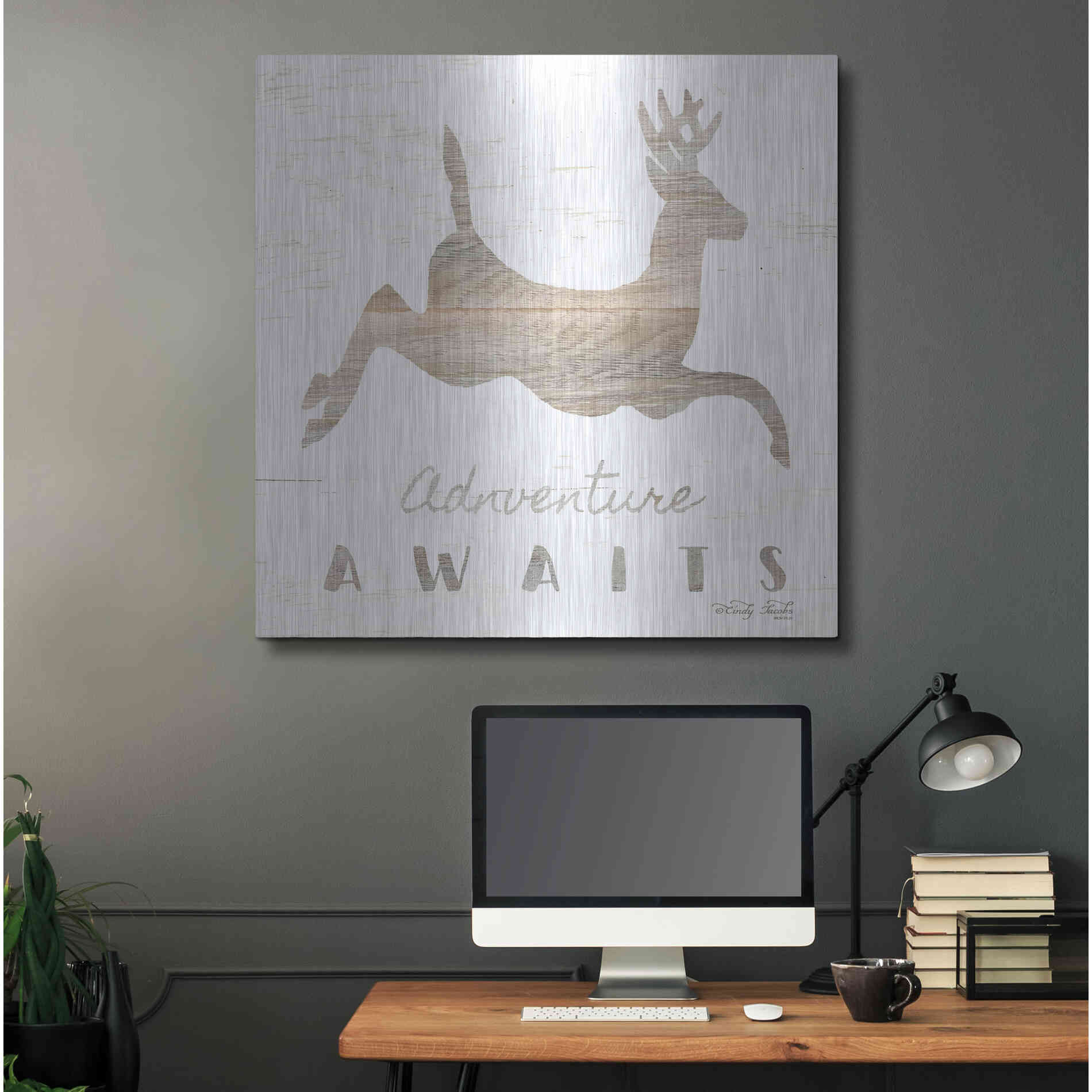 Luxe Metal Art 'Adventure Awaits Deer' by Cindy Jacobs, Metal Wall Art,36x36