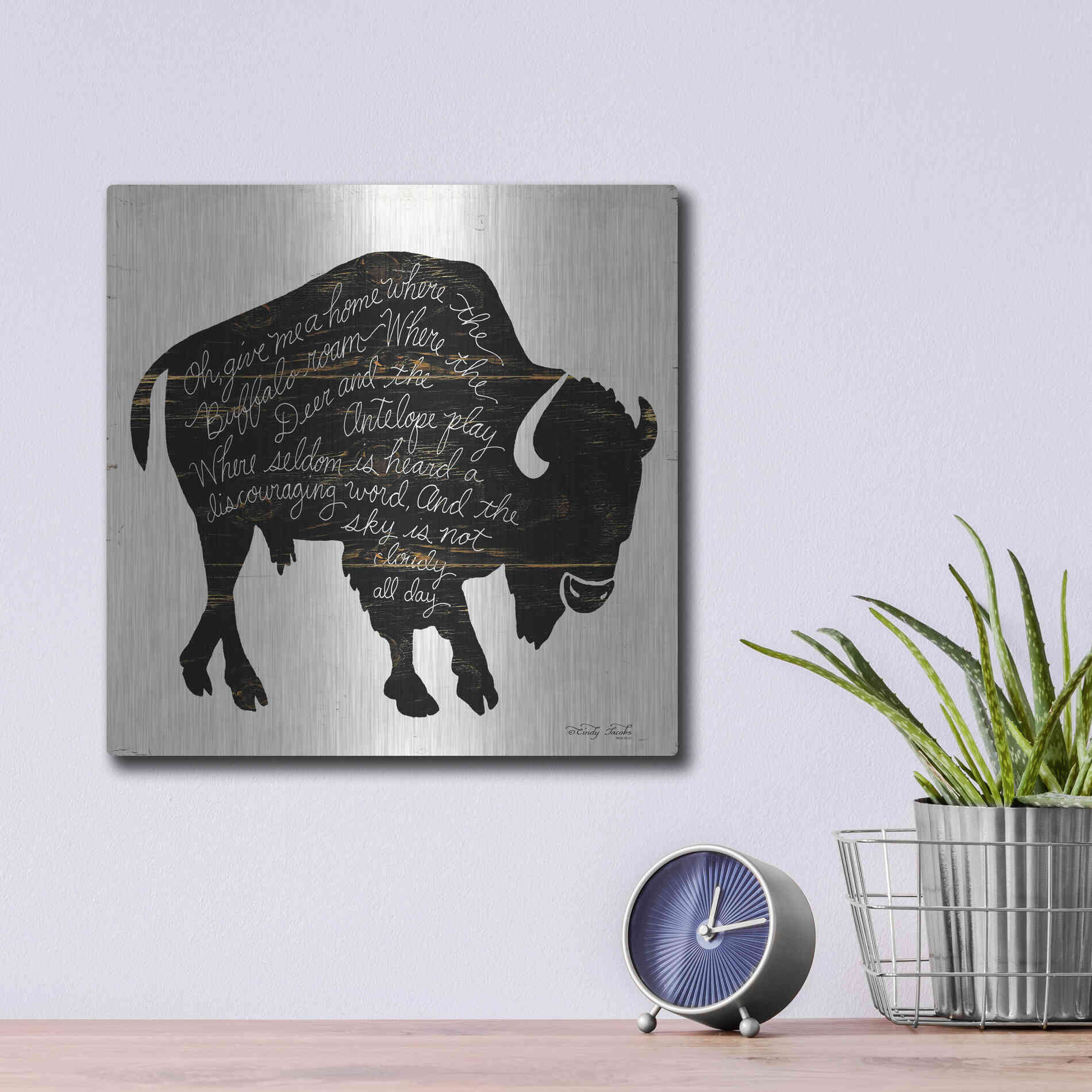 Luxe Metal Art 'Buffalo in Black' by Cindy Jacobs, Metal Wall Art,12x12