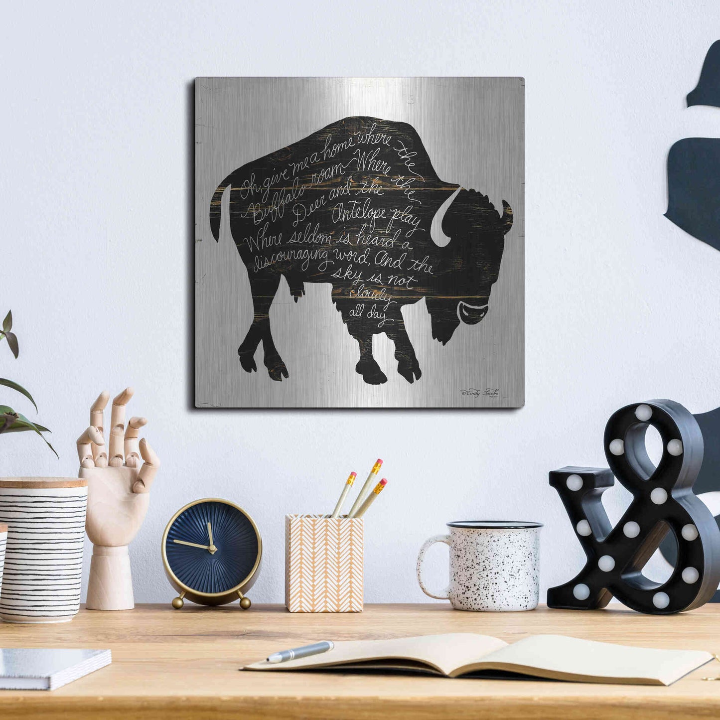 Luxe Metal Art 'Buffalo in Black' by Cindy Jacobs, Metal Wall Art,12x12
