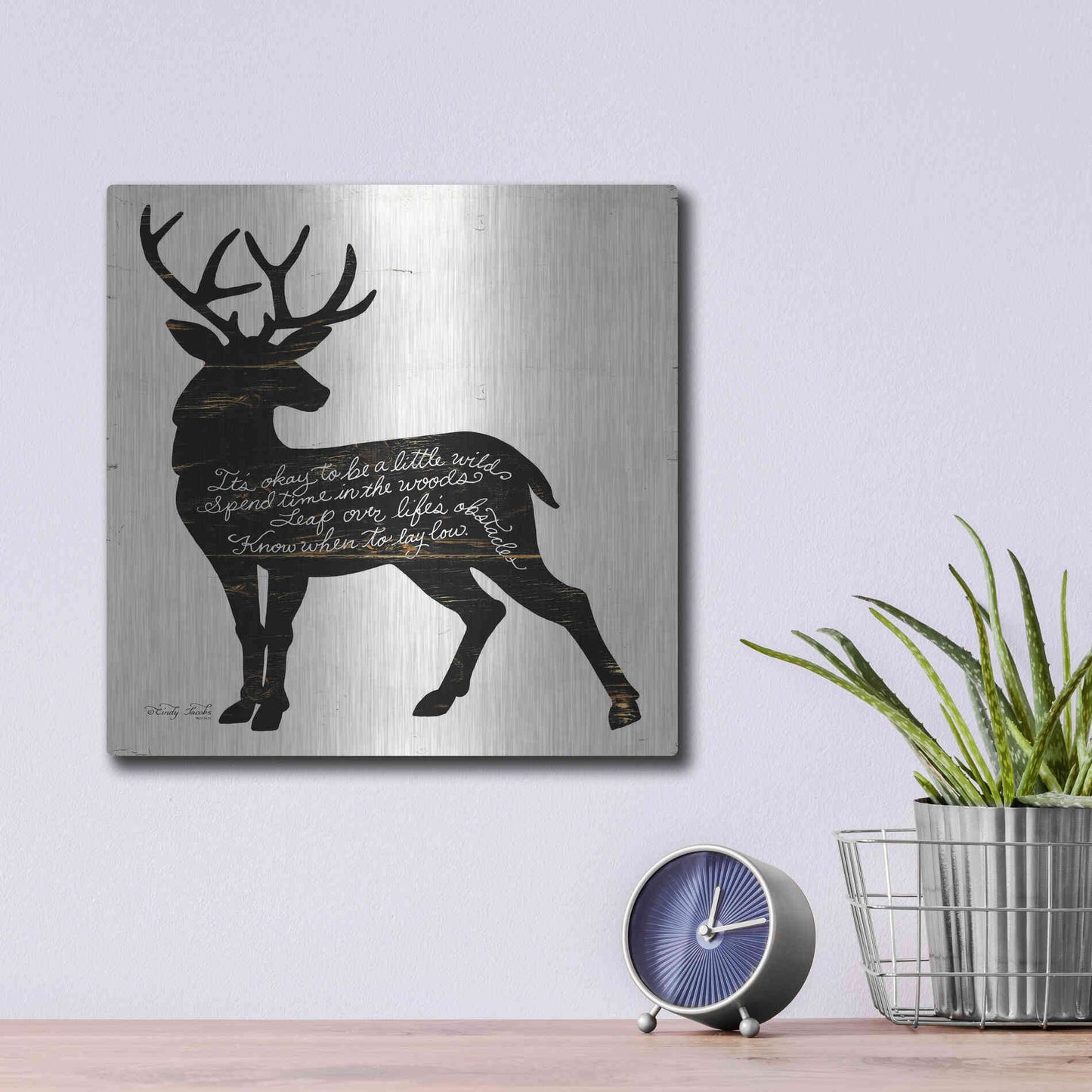 Luxe Metal Art 'Deer in Black' by Cindy Jacobs, Metal Wall Art,12x12