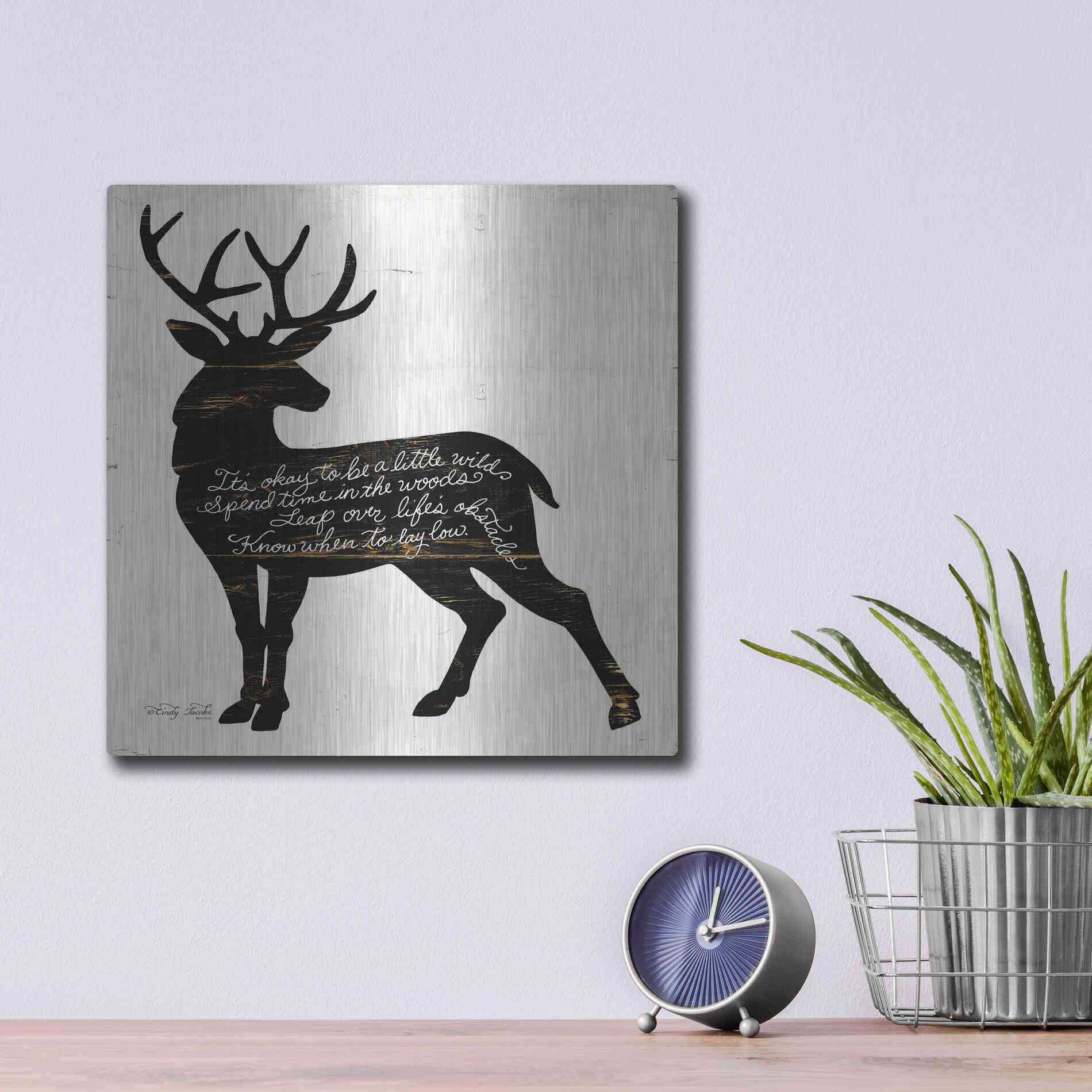Luxe Metal Art 'Deer in Black' by Cindy Jacobs, Metal Wall Art,12x12