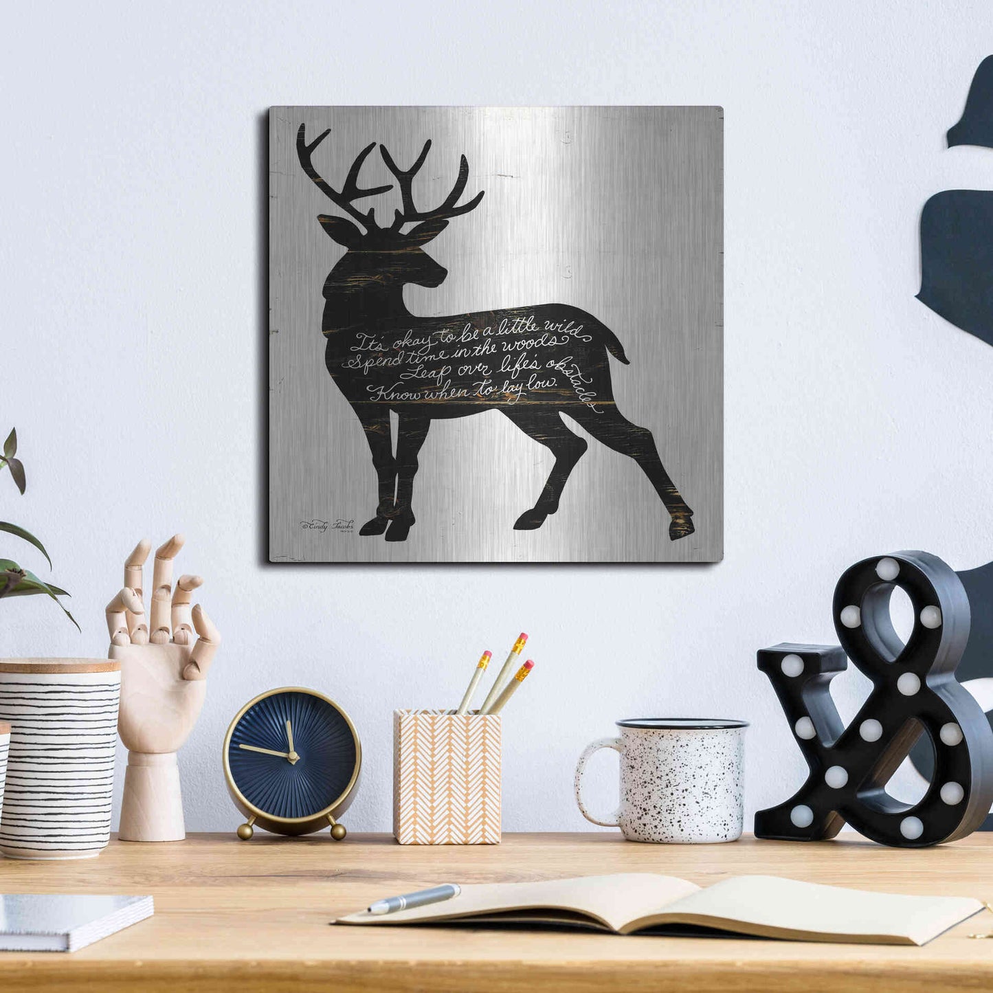 Luxe Metal Art 'Deer in Black' by Cindy Jacobs, Metal Wall Art,12x12