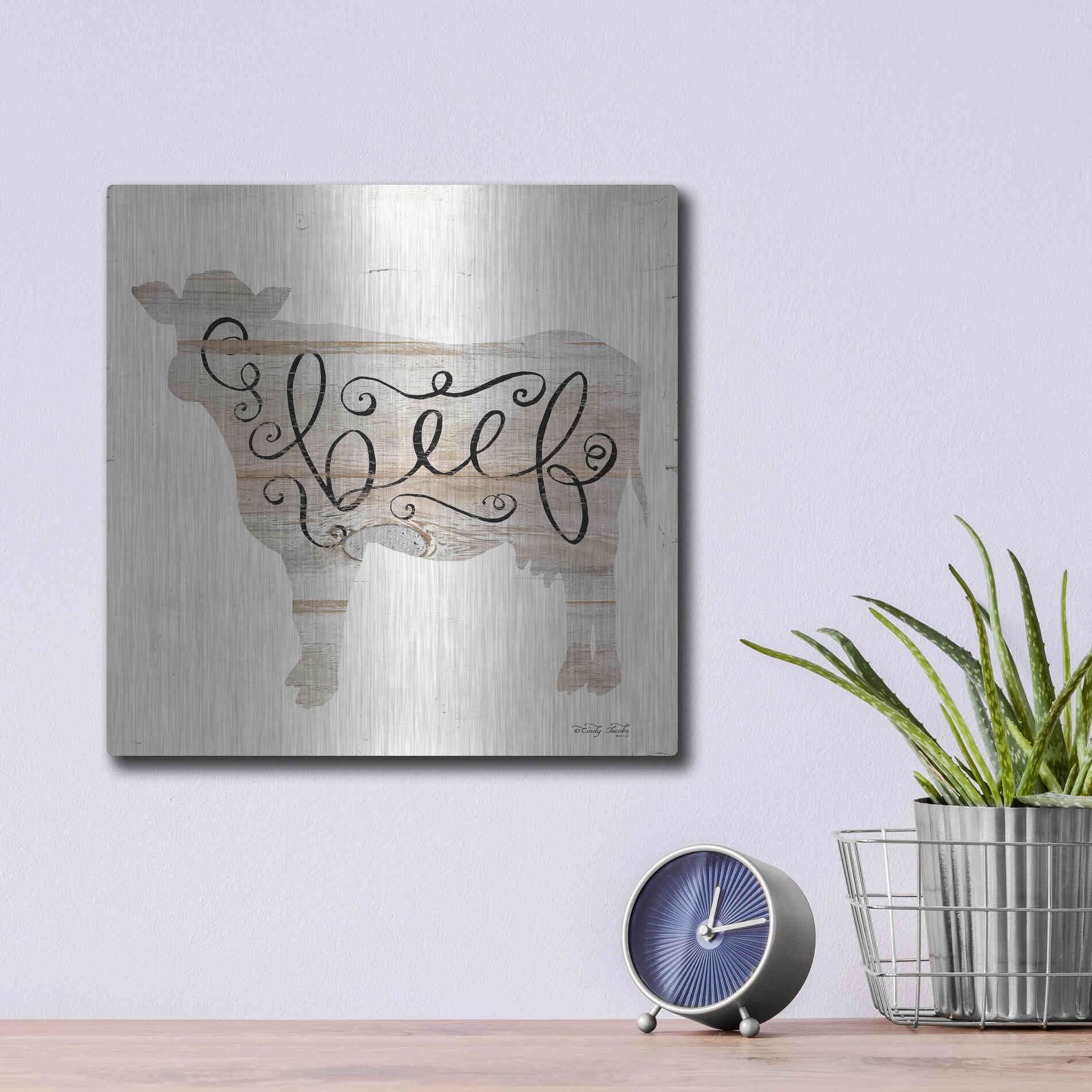 Luxe Metal Art 'Beef in Beige' by Cindy Jacobs, Metal Wall Art,12x12