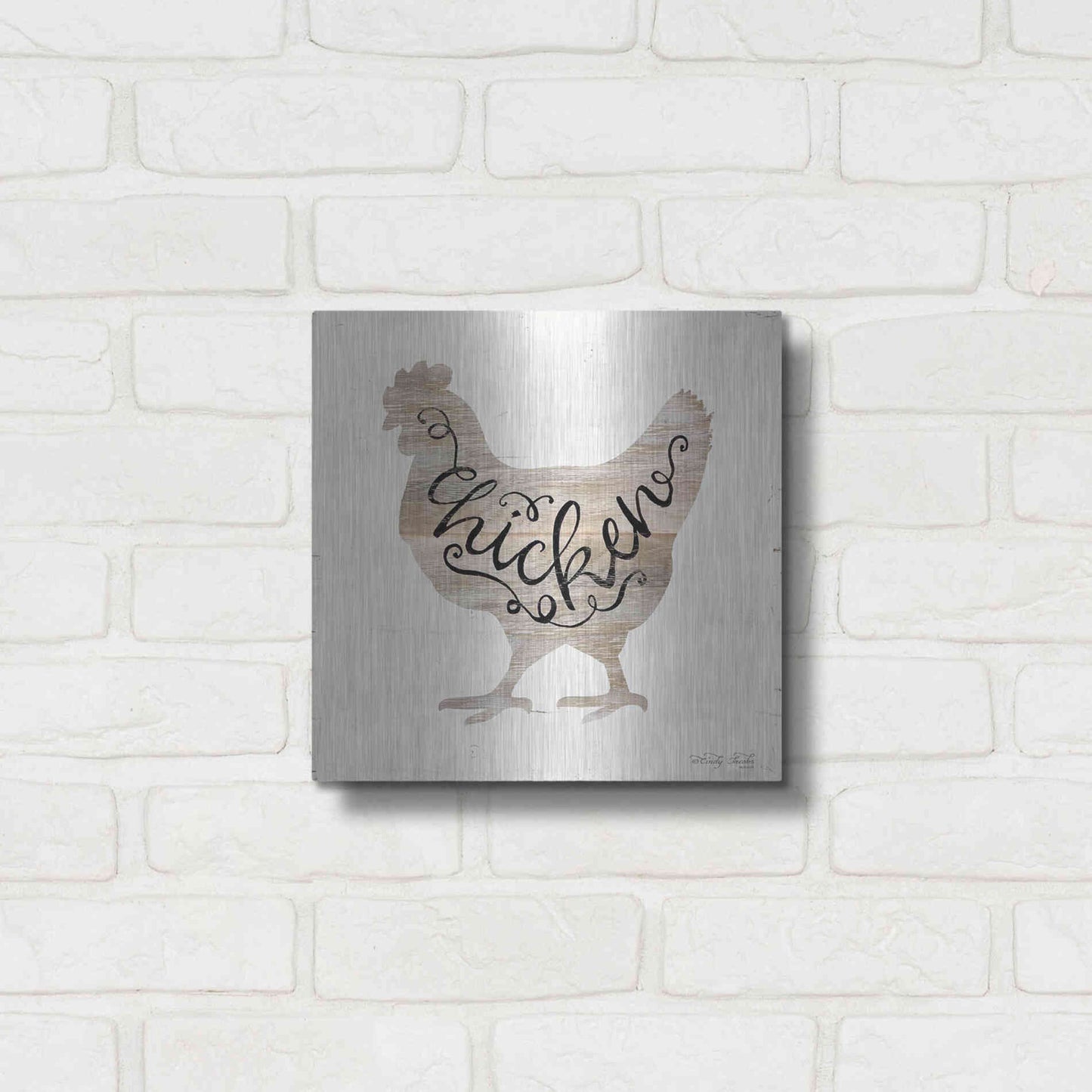 Luxe Metal Art 'Chicken in Beige' by Cindy Jacobs, Metal Wall Art,12x12