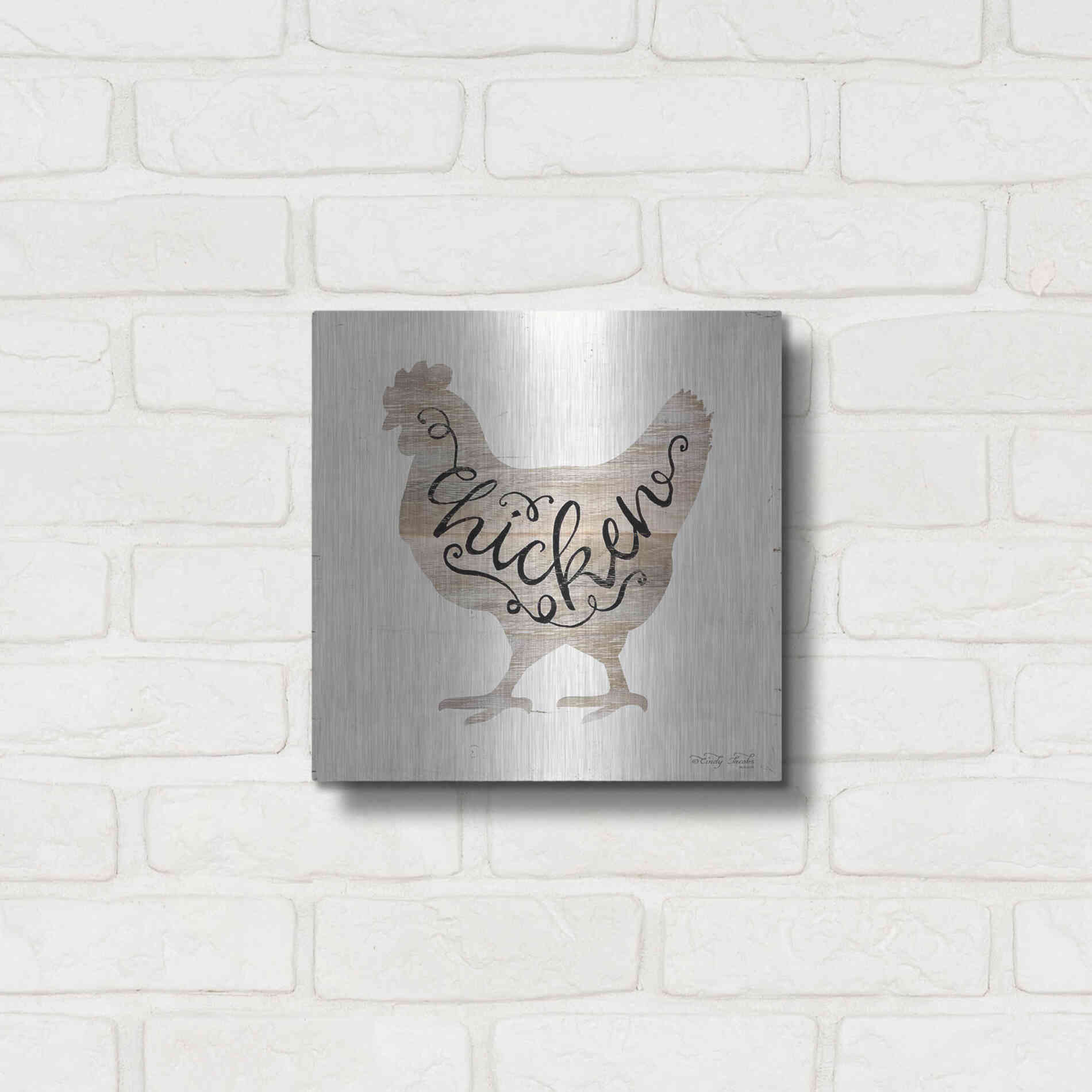 Luxe Metal Art 'Chicken in Beige' by Cindy Jacobs, Metal Wall Art,12x12