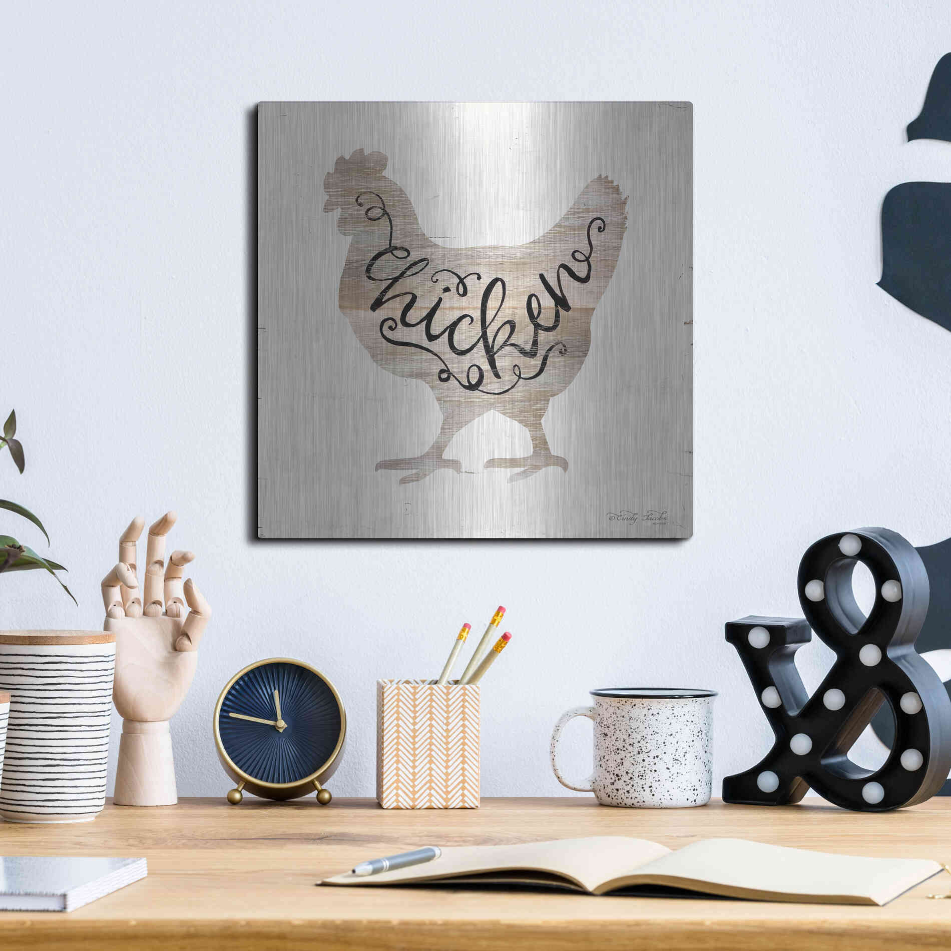Luxe Metal Art 'Chicken in Beige' by Cindy Jacobs, Metal Wall Art,12x12